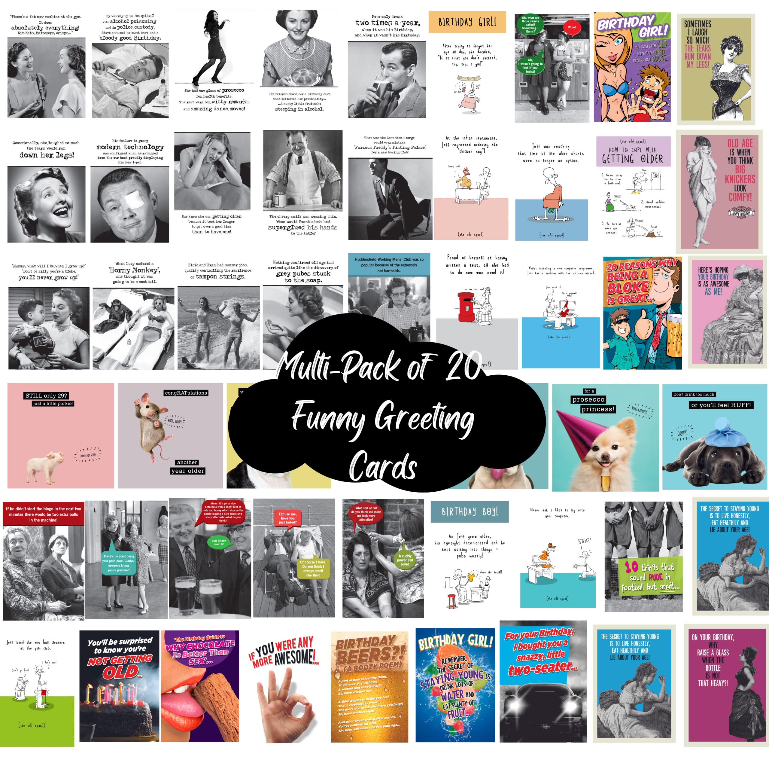 Emotional Rescue 20 Pack Funny Birthday Cards, Funny & Rude Cards Him and Her, 20 Individual Birthday Cards, Multi-coloured Assortment