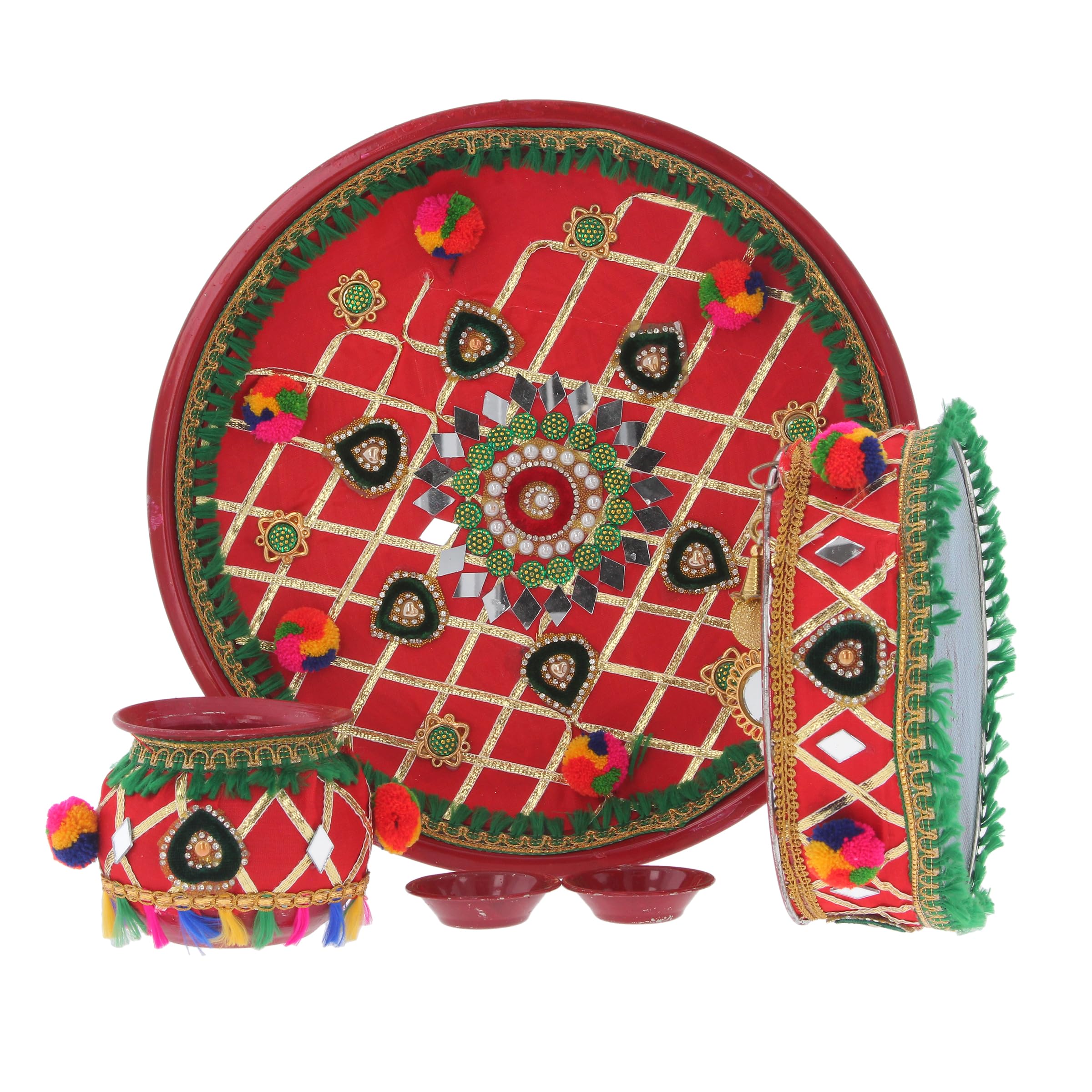 Karwa Chauth Set Karva Chauth Thali Indian Pooja Puja Kalash Lota Chalni Channi Diya Karwachauth Diwali Traditional Combo Multicolour Decorative Husband Wife Festival Gift (Full Set - Design 7)