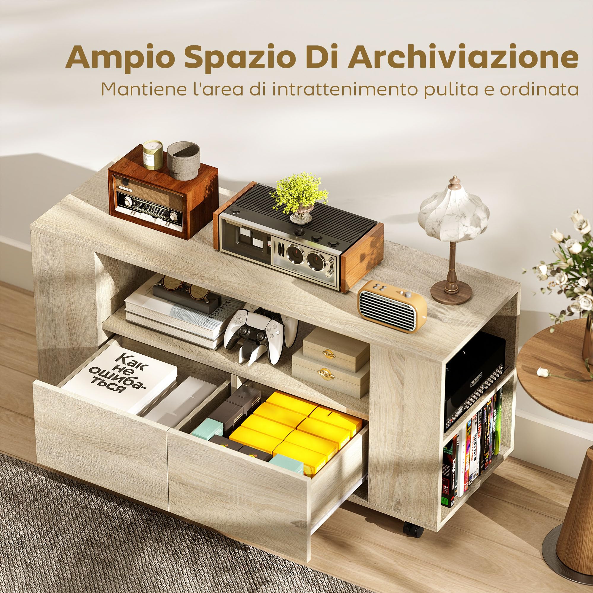 HOMCOM Mobile Porta TV fino a 42", Mobiletto TV con Ruote Girevoli e Freno, Ripiani Regolabili e Cassetti, per Soggiorno e Salotto, 102x34.5x48.5 cm, Legno Naturale
