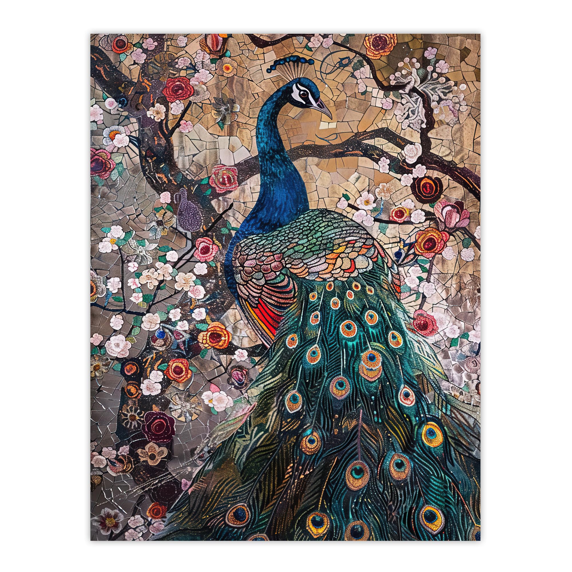 Artery8 Mosaic Peacock in Flowers Tree Detailed Artwork Living Room Extra Large XL Wall Art Poster Print