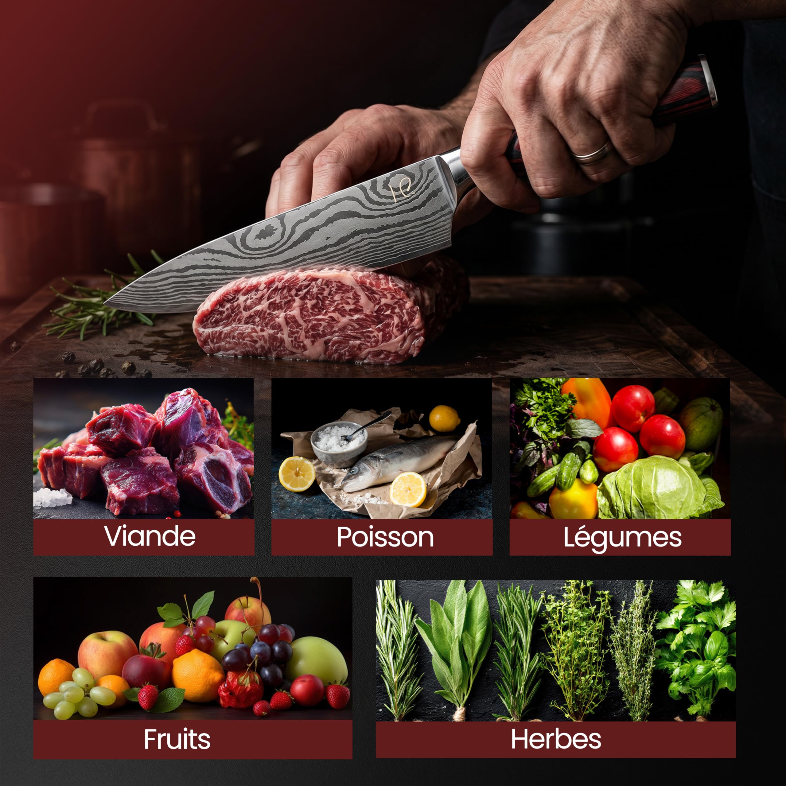 Set de 4 Couteaux Japonais avec Pierre à Aiguiser – Chef, Santoku, Utilitaire, Office – Motif Damas – Manche Bois Pakka – Coffret Cadeau à offrir