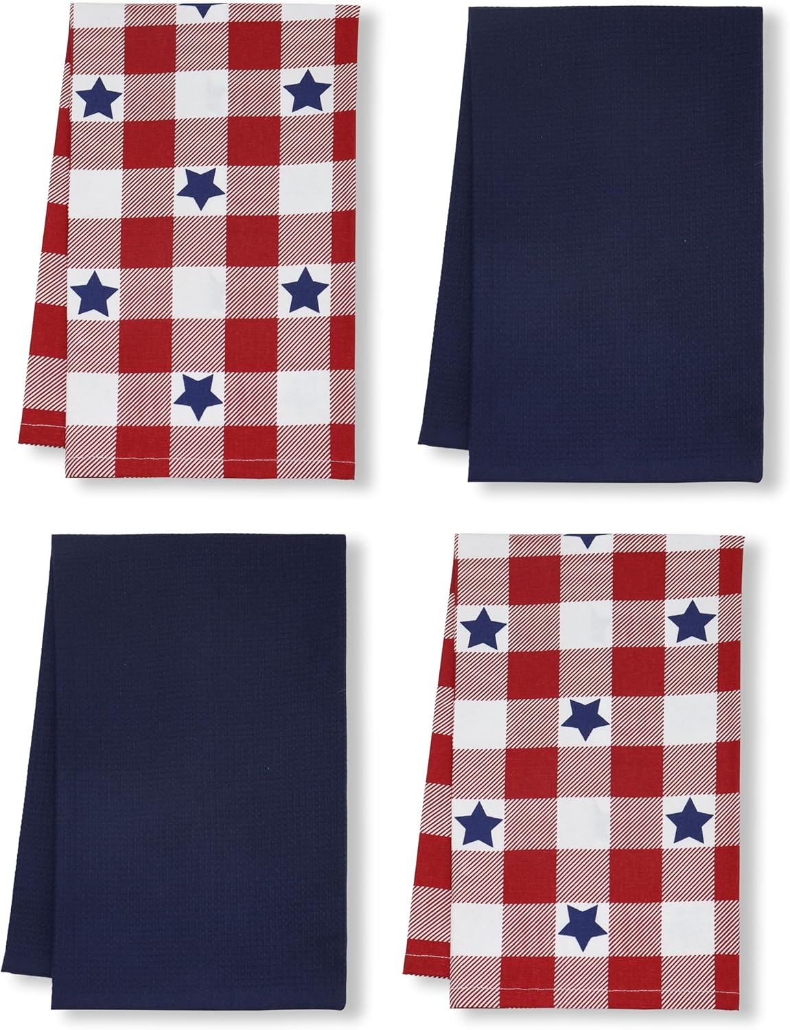 PurpleEssences 4th of July Assorted Kitchen Towels 100% Cotton - Pack of 4-18x28 Inches - Independence Day Indoor Decorations - Star Checks Print and Waffle