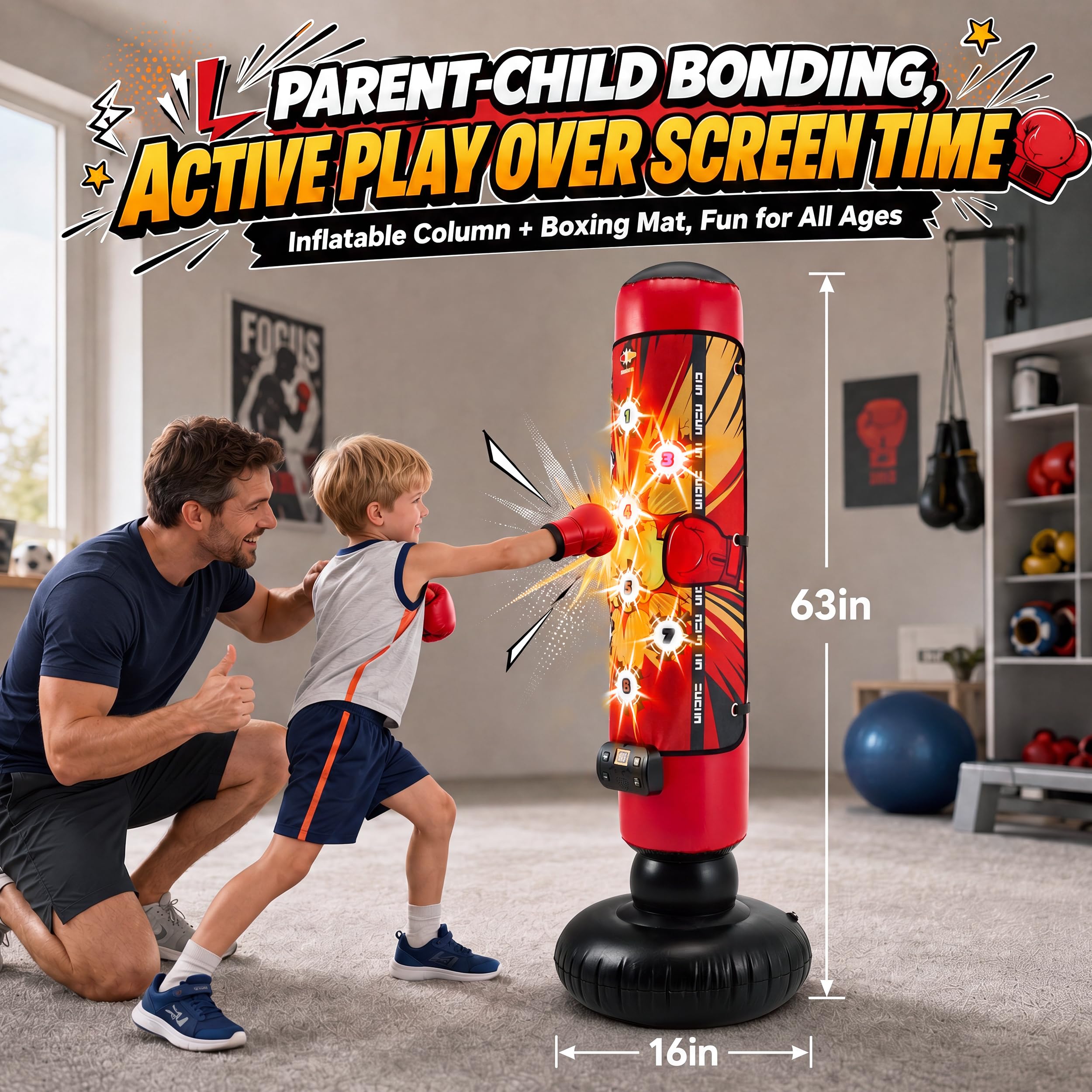 Set da boxe per bambini con guanti da 227 g e pompa, sacco da boxe gonfiabile con musica, luce e 4 modalità, allenamento di arti marziali autoportante con bersaglio adesivo, per ragazzi e ragazze 6-12