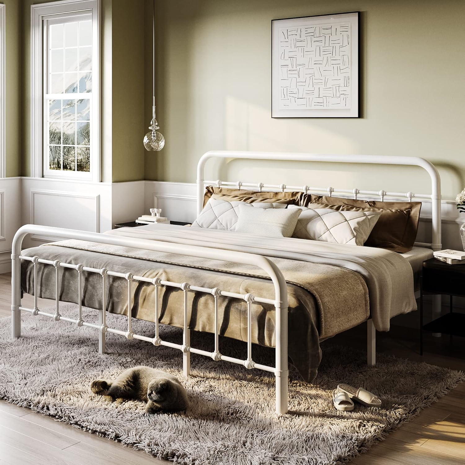 SHA CERLIN King Size Bed Frame Metal Platform Bed with Vintage Style Headboard and Footboard, Heavy Duty Mattress Foundation, No Box Spring Needed, Easy Assembly, White