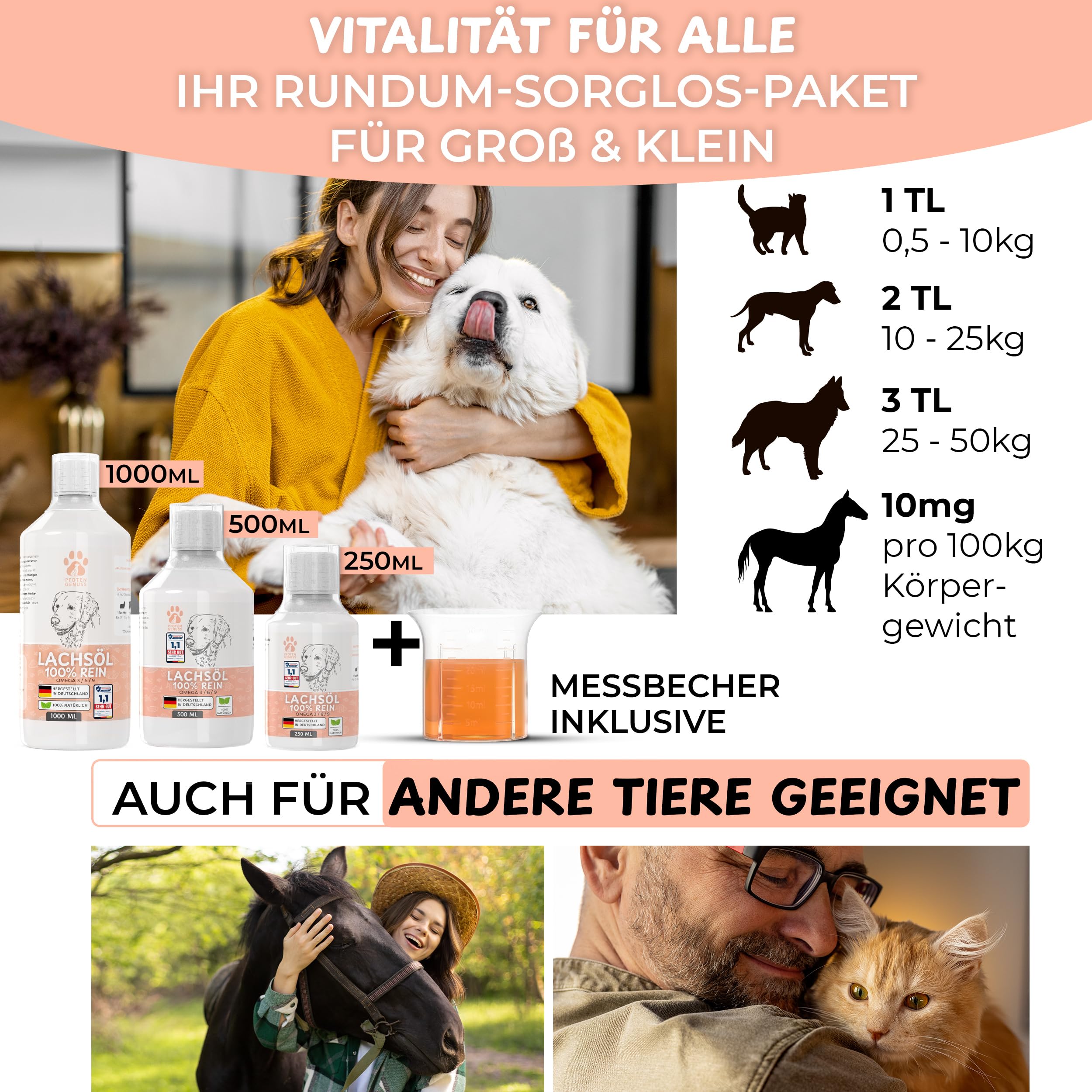Lachsöl für Hunde Katzen &Pferde - natürliche Omega 3, 6 & 9 Quelle - für Gelenke Fell&Stoffwechsel - frisch abgefüllt in Deutschland - natürliches, hochdosiertes Lachs-Öl - Barf-Öl