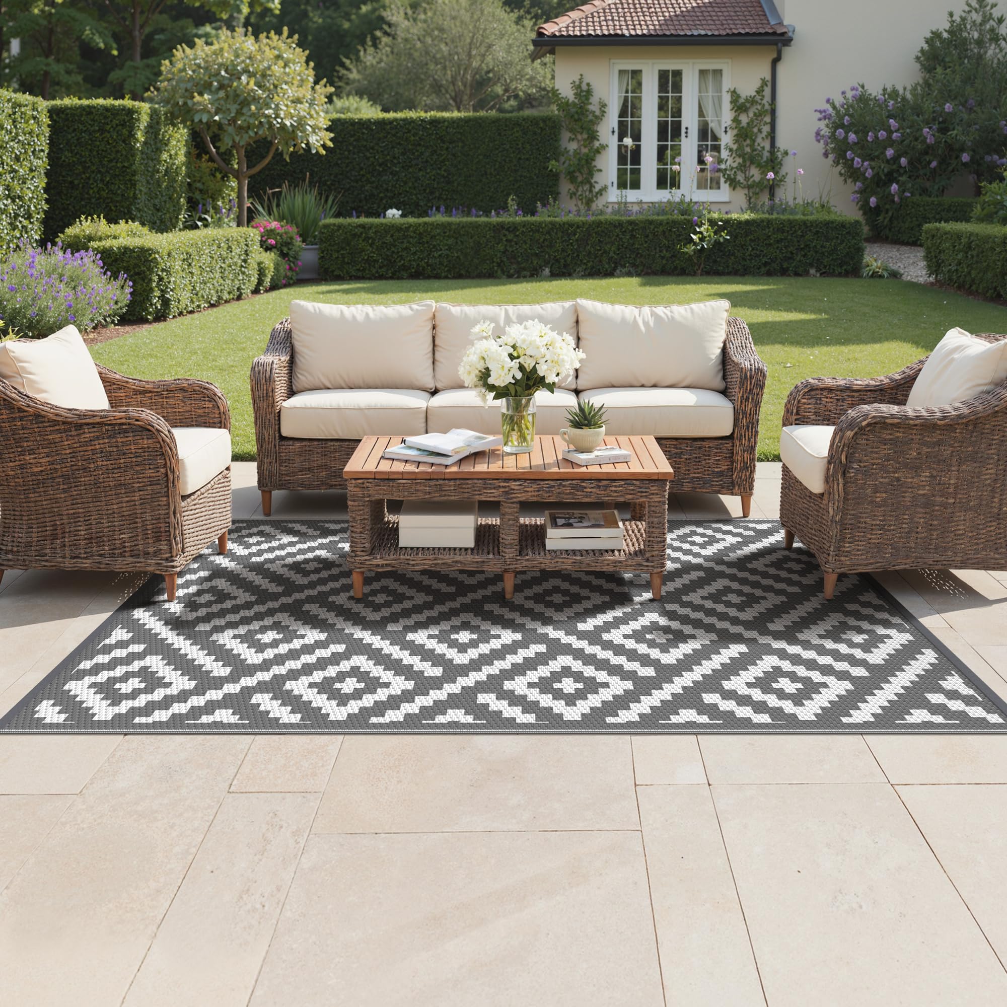 GENIMO Outdoor Rug 180x270cm,Large Waterproof Reversible Garden Rug Recycled Plastic UV Resistant Modern Outdoor Mat for Patios,Picnic,Backyard, Grey & White