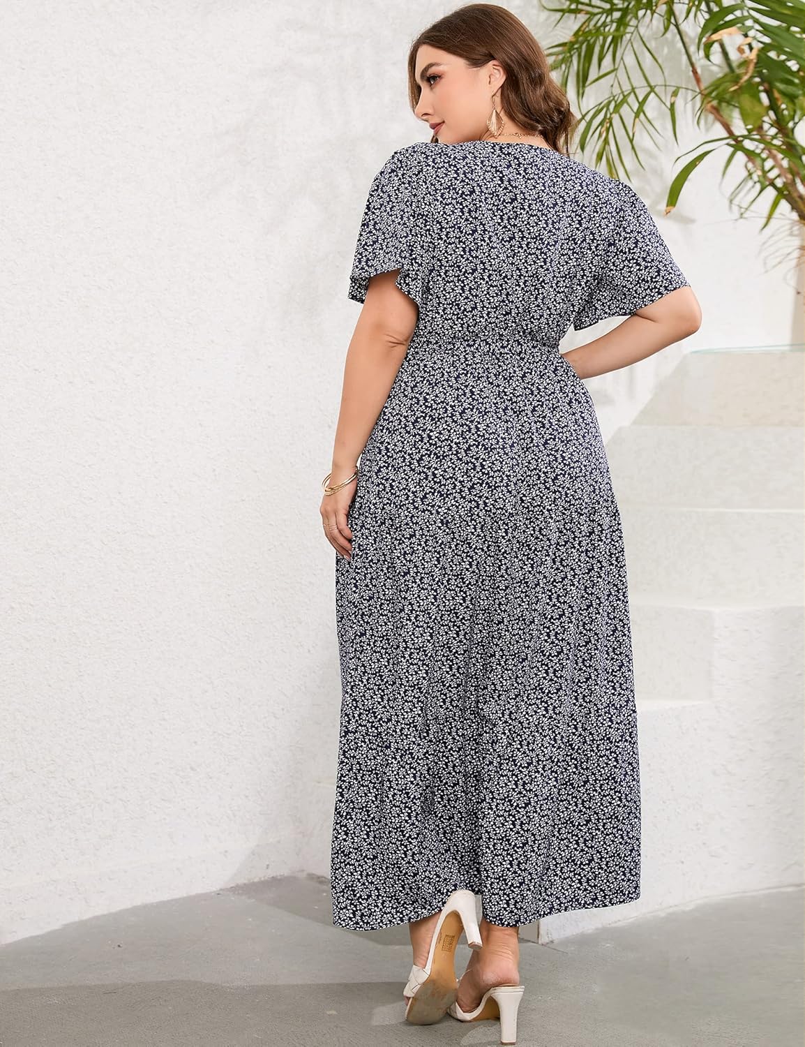 KOJOOIN Women Plus Size V Neck Wrap Maxi Dress Short Sleeves High Waist Ruffle Summer Casual Dress with Belt - Image 4