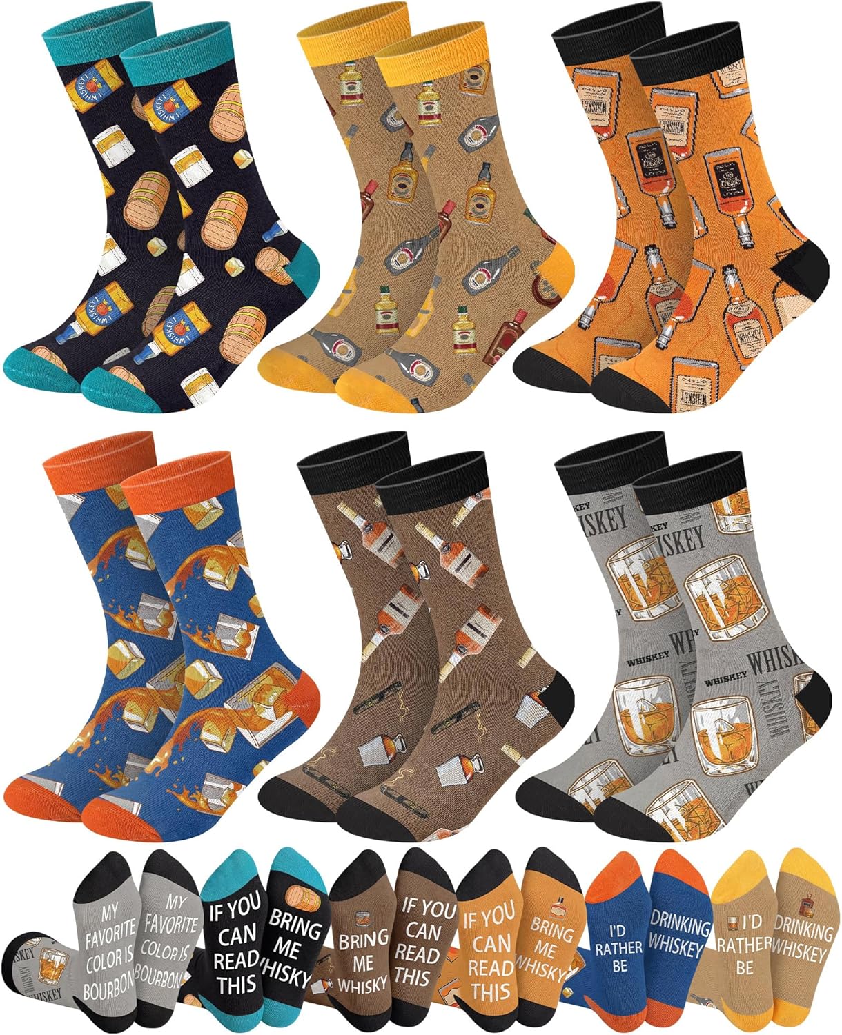 Haysandy 6 Pairs Bourbon Whisky Novelty Socks for Men Women Fun Word Socks Winter Wine Gifts for Whisky Lover Family