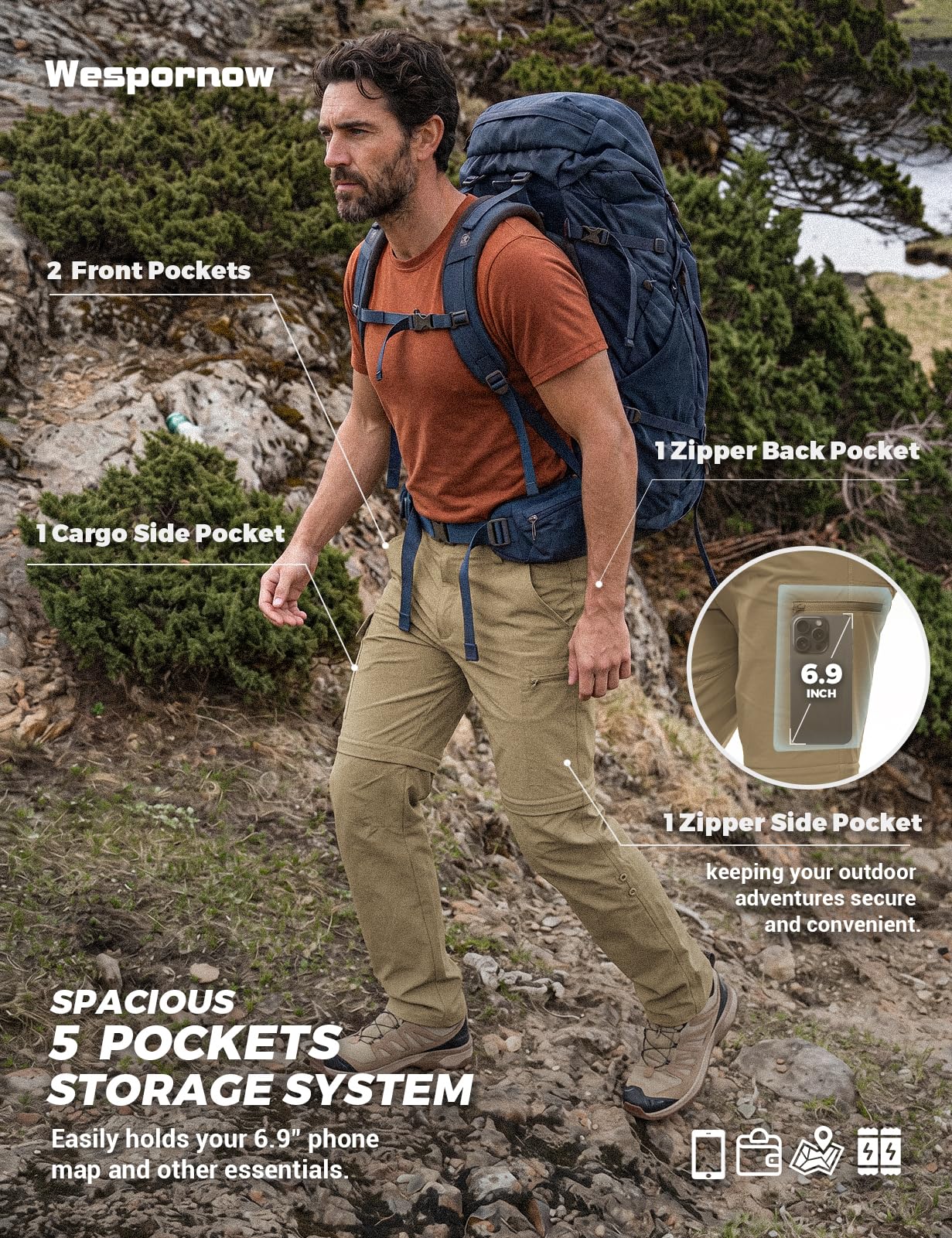 Wespornow Pantalón Convertible de Secado rápido, Ligero, con Cremallera, Transpirable, para Actividades al Aire Libre, Pesca, Safari, Senderismo para Hombre
