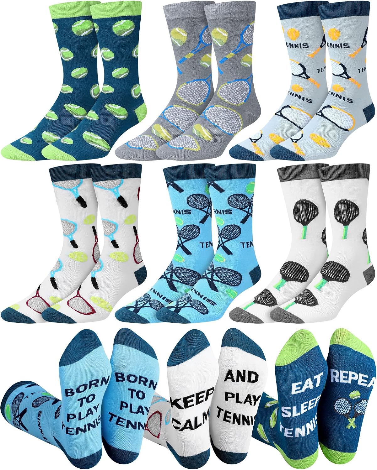 Patelai 6 Pairs Funny Tennis Socks for Men Novelty Casual Cotton Crew Socks Tennis Lovers Gifts for Birthday Holidays