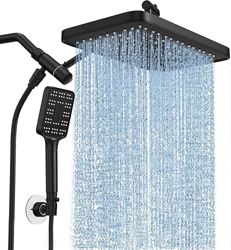 High Pressure Rain Shower Head with Handheld Spray Combo Set, Adjustable 12" Rainfall Dual Shower Head, Double&Tandem Shower Head, Waterfall Showerhead Bathroom -Matte Black