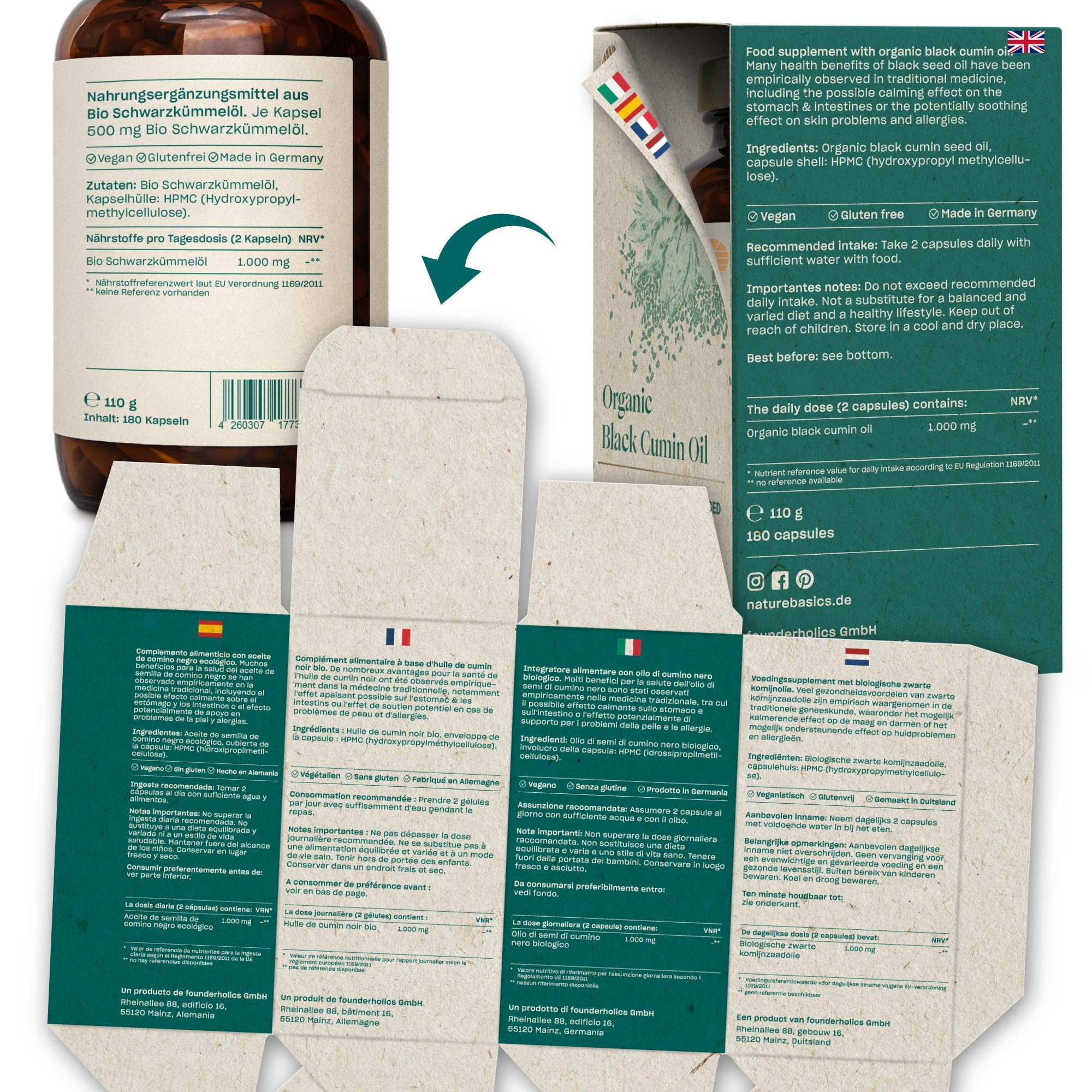 Olio di semi di cumino nero biologico - 180 capsule ad alto dosaggio / 500 mg di olio di semi di cumino nero biologico e 250 mg di acido linoleico per capsula/Vegano, certificato e sostenibile