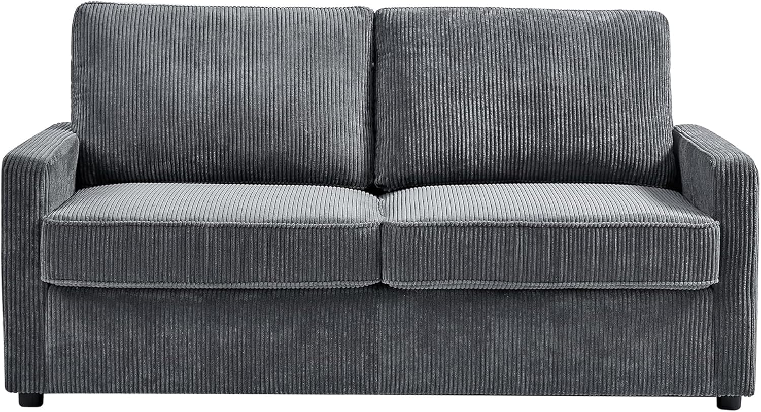 Reversible Sleeper Sofa Bed with Comfortable Memory Foam Mattress, Convertible Corduroy Full Size Pull Out Couch for Living Room, Space Saving Furniture, 70" Wide, Rectangular Arms, Grey
