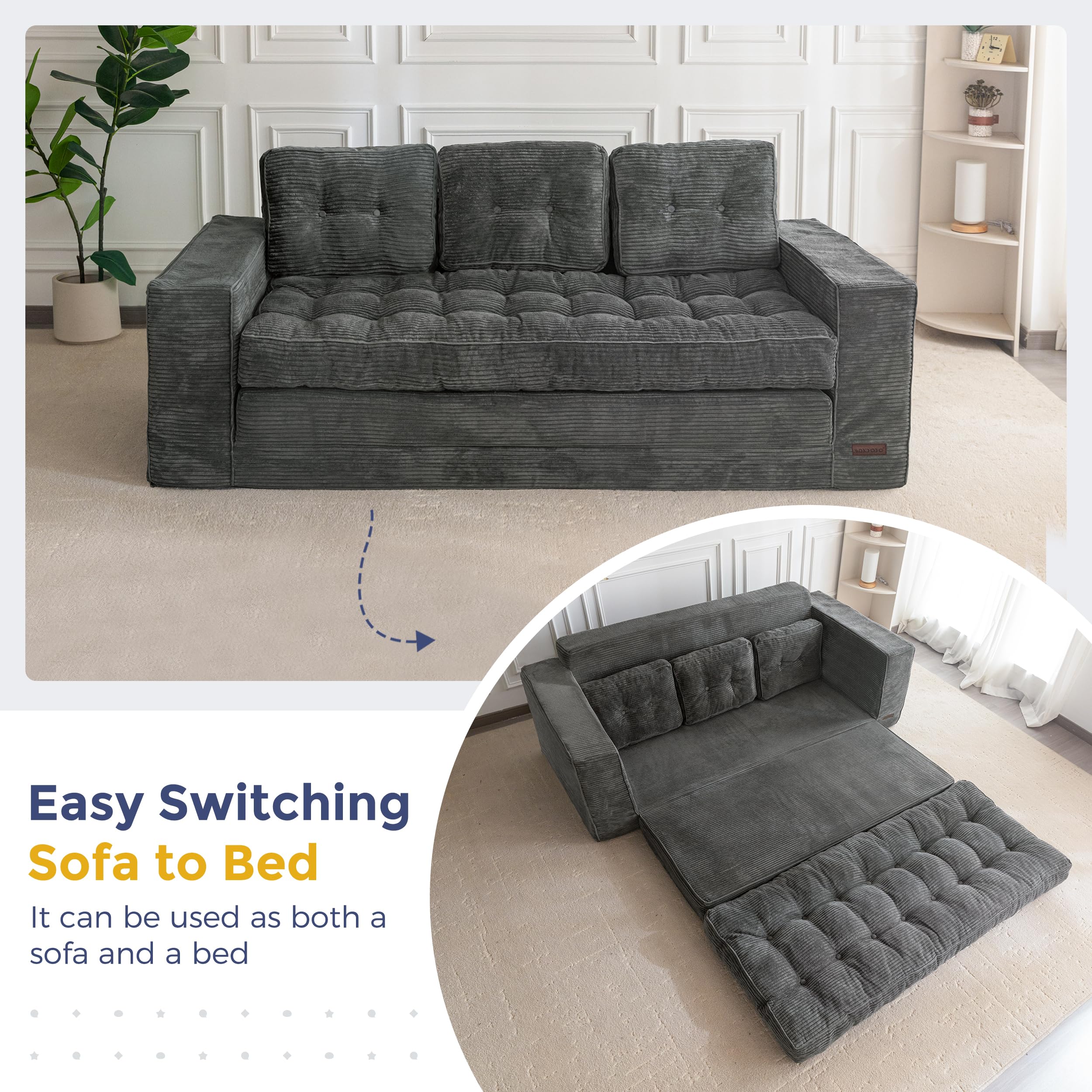 MAXYOYO Bodensofa Schlafsofa 190cm Breit mit Kissen, 2-in-1 Klappbar Cord Sofa 3 Sitzer mit Schlaffunktion, Liegefläche 101x196CM für Wohnzimmer, Schlafzimmer, Lounge | Ausziehbares Schlafsofa mit 2 Kissen, bequemes 2-in-1-Schlafsofa 3-Sitzer, 190x85 cm,