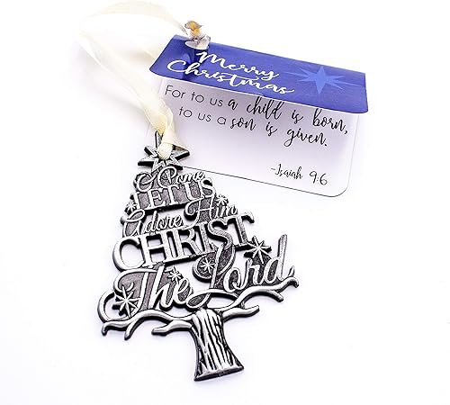 Miniatura 2 de Adorno colgante de Navidad grabado en forma de árbol de metal plateado con texto en inglés "O Come Let Us Adore Him Christ the Lord", 2.75 pulgadas