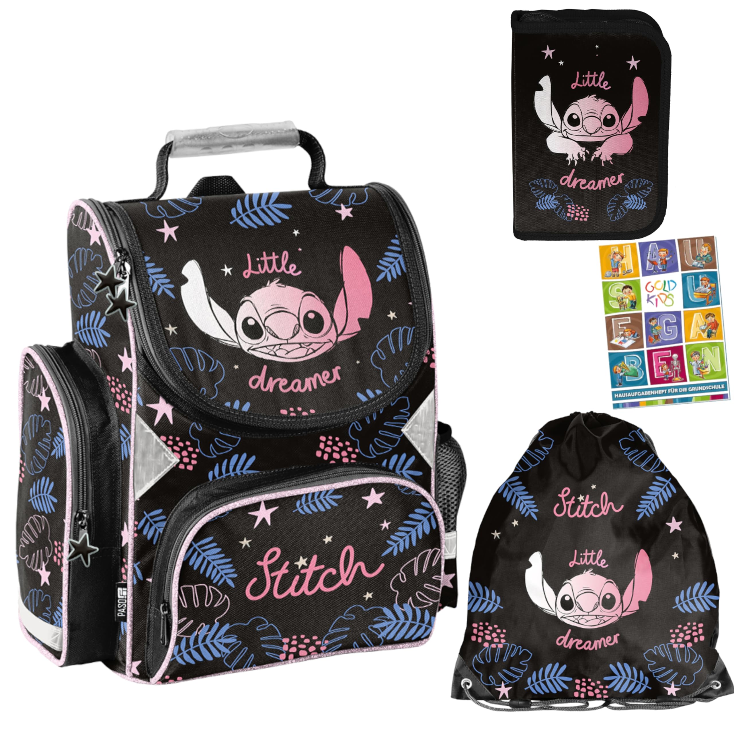 PASO Set di 4 zaini per la scuola per bambini e bambine, con astuccio, astuccio per scarpe e quaderno per i compiti, motivo Stitch, 1-3 elementi