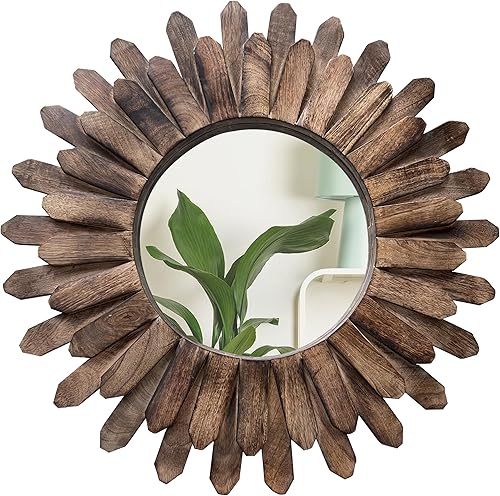 Miniatura 8 de Espejo redondo rústico de madera con forma de explosión de sol de 12 pulgadas, acabado quemado, decoración de pared bohemia para dormitorio, sala de