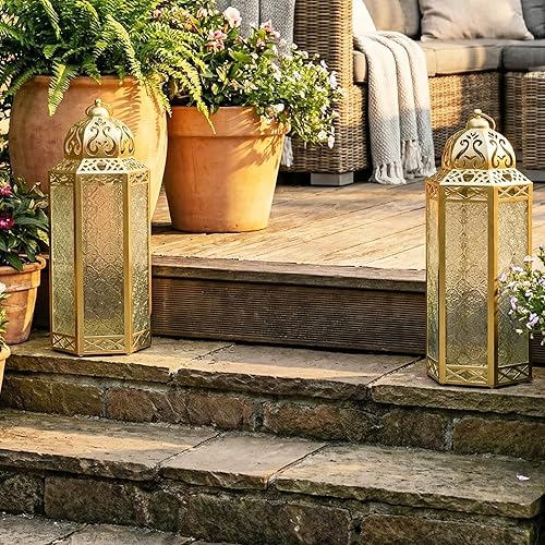 Miniatura 5 de VELA LANTERNS Farol Marroquí Decorativo de Metal Dorado Extra Grande de 16 pulgadas Portavelas Lámpara de Suelo - InteriorExterior, Decoración del
