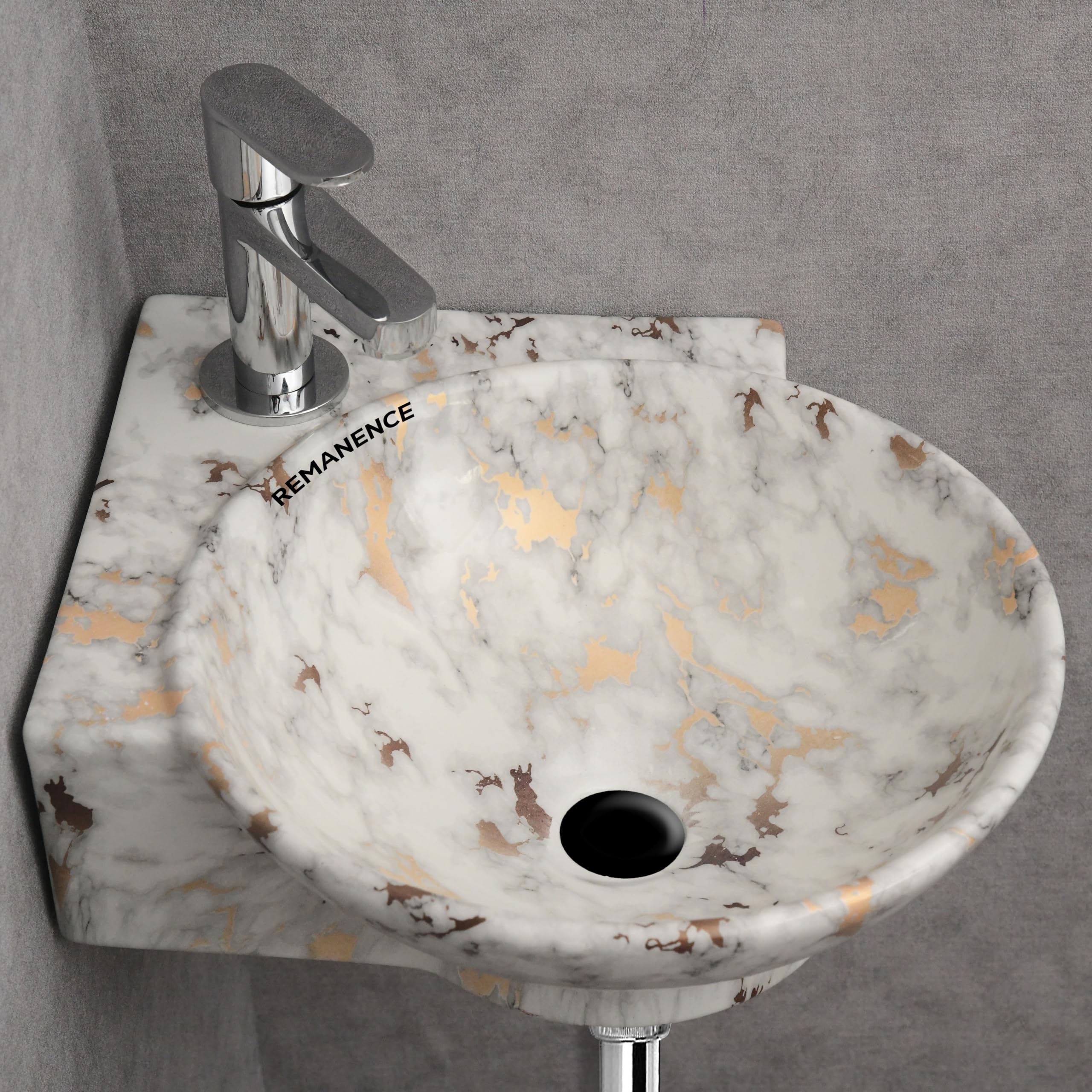 REMANENCE Wall Mounted Wash Basin for Bathroom | Ceramic Wash Basin Wall Hung Small Corner Wash Basin/Sink (16.3 x 13.8 x 4.3 Inch) (White Gold Spot)