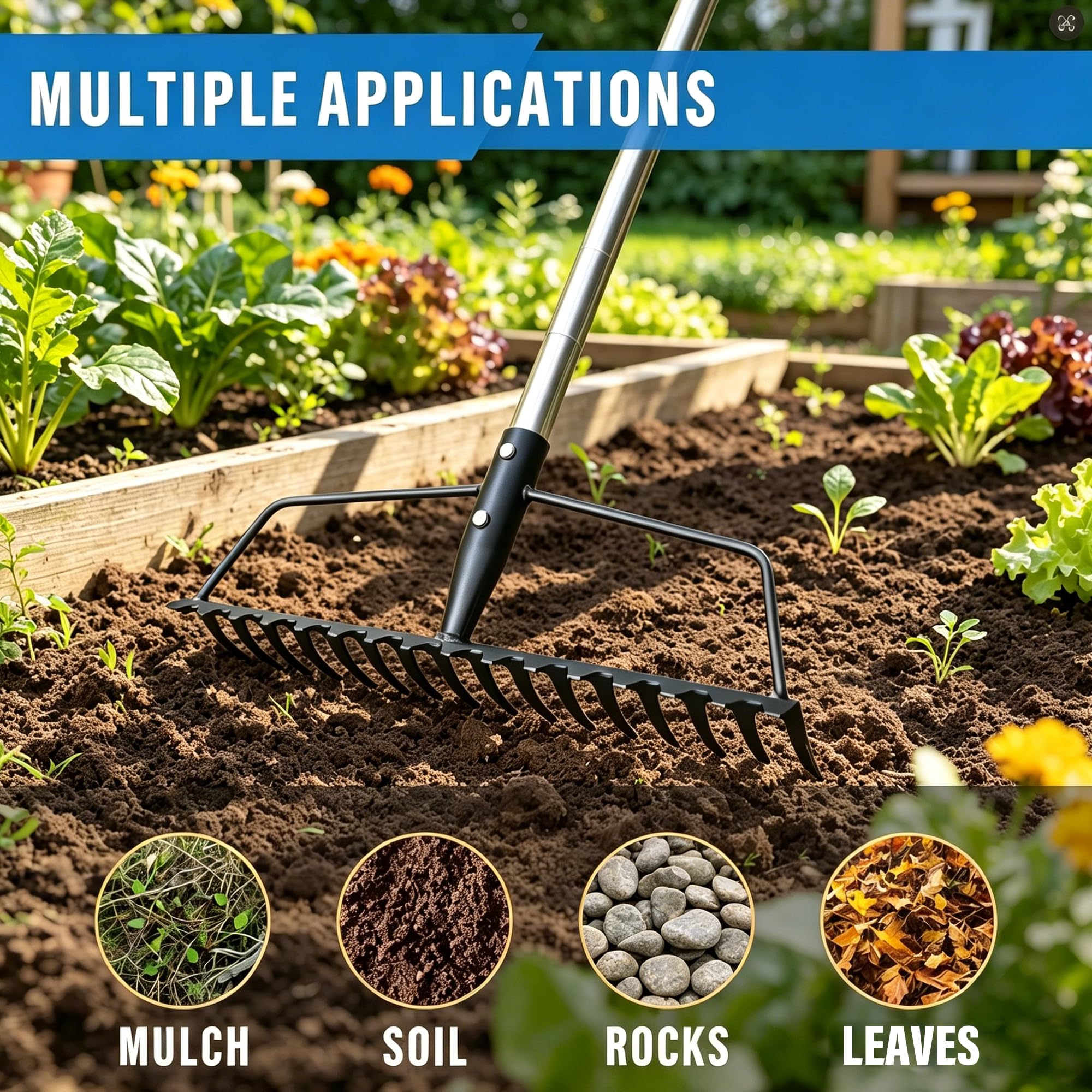 BARAYSTUS Arco da giardino rastrello rastrello per prati pesanti in acciaio inox rastrello da giardino regolabile per livellare terreno sabbioso e raccogliere foglie, Garden Rake Carbon Steel Sturdy