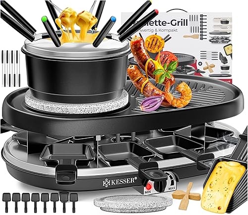 KESSER® 3in1 Raclette-Grill mit Naturgrillstein, Grillplatte und Fondue, Tischgrill für