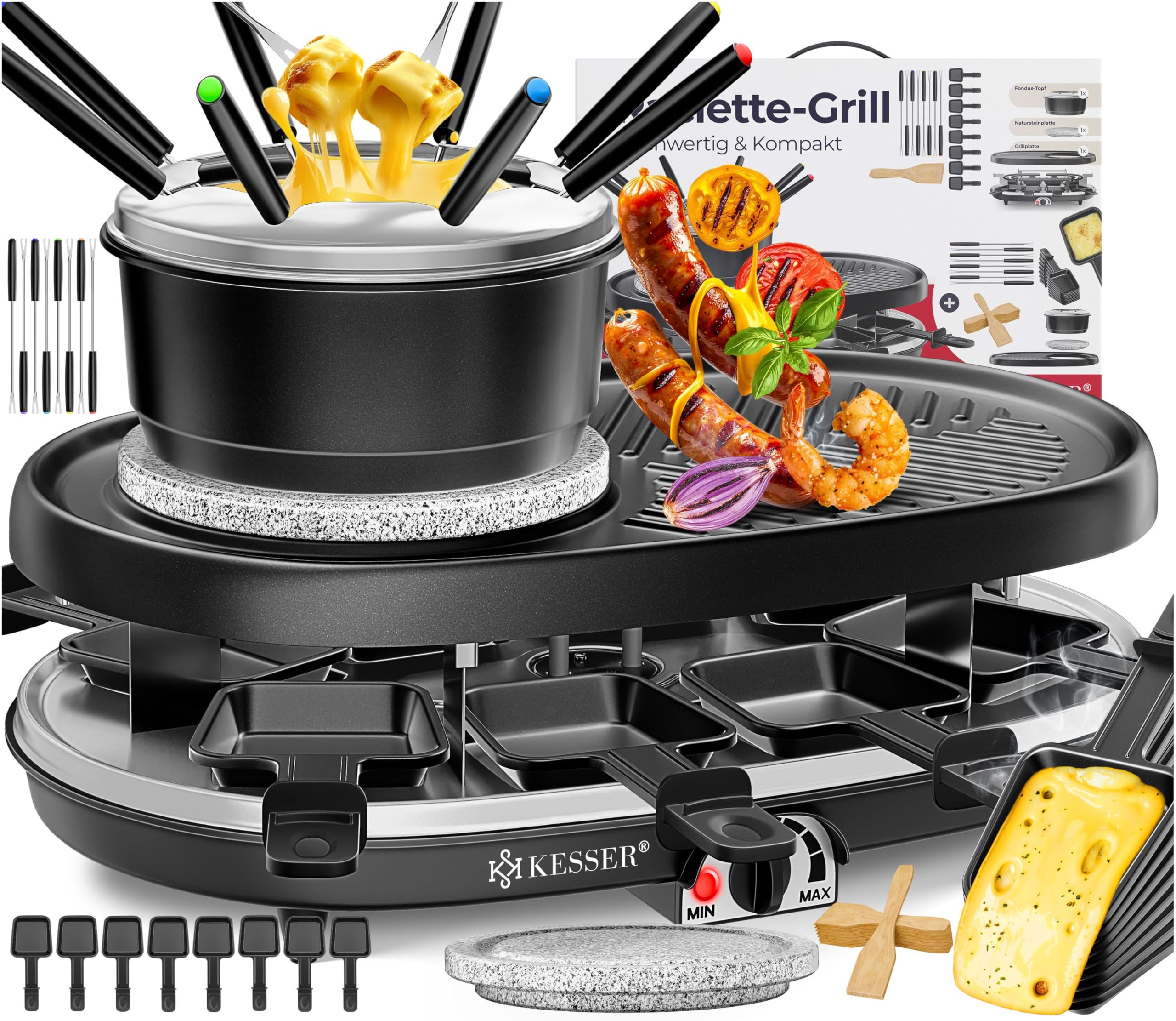 KESSER® 3in1 Raclette-Grill mit Naturgrillstein, Grillplatte und Fondue, Tischgrill für 8 Personen, Elektrogrill Raclette Grill antihaftbeschichteter Grillplatte, 8 Pfannen und Holzspatel