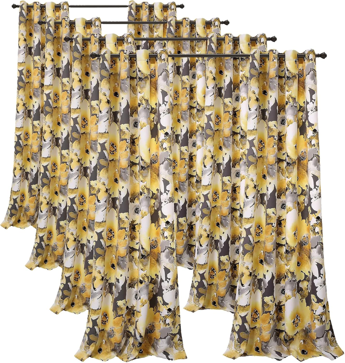 Lush Decor Floral Watercolor Light Filtering Window Curtain Panel Pair, 52"W x 84"L, Yellow & Gray