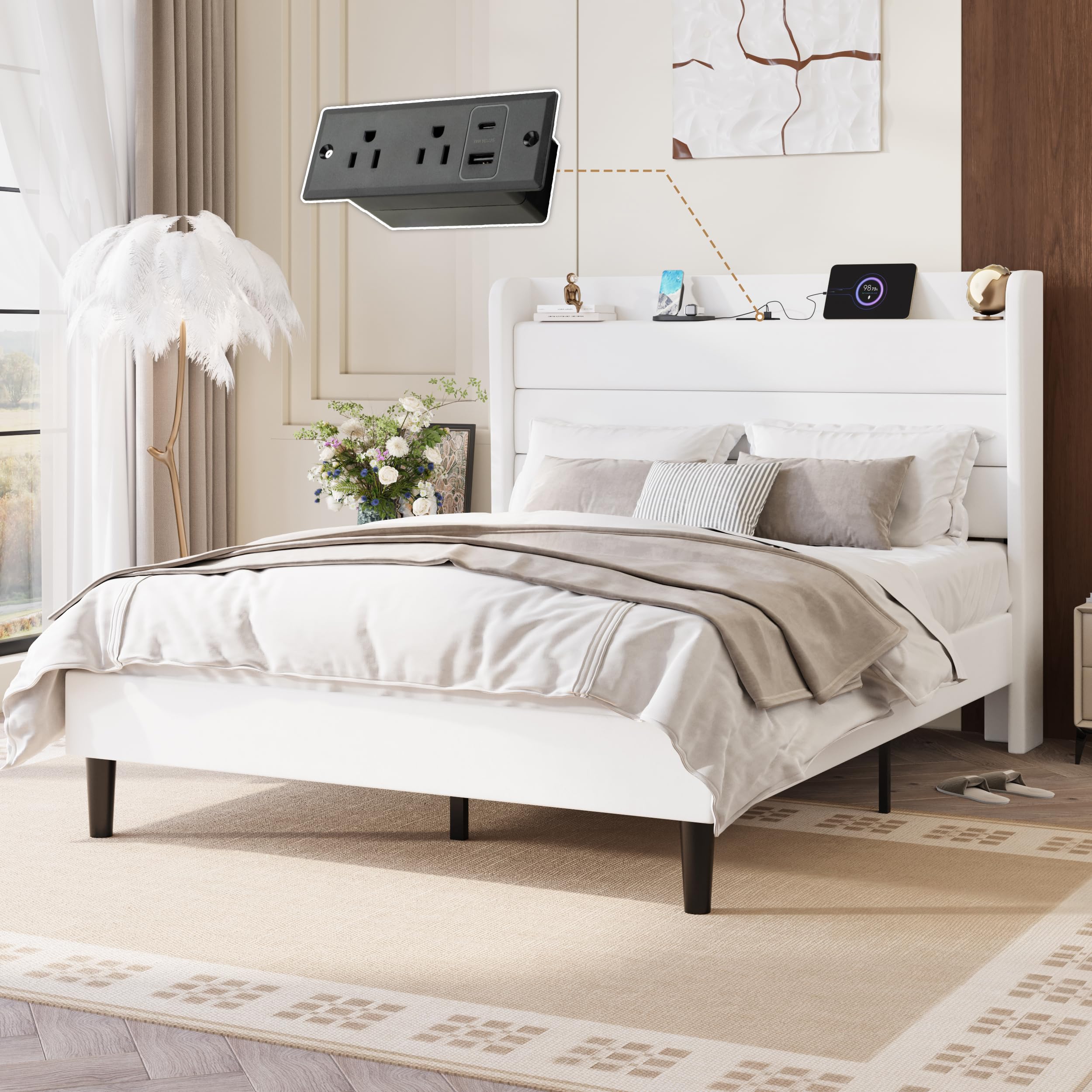 SHA CERLIN Queen Bed Frame with Charging Station, Velvet Upholstered Platform Bed, Wingback Storage Headboard, Type-C & USB Ports, Strong Wooden Slats, No Box Spring Needed, Easy Assembly, White