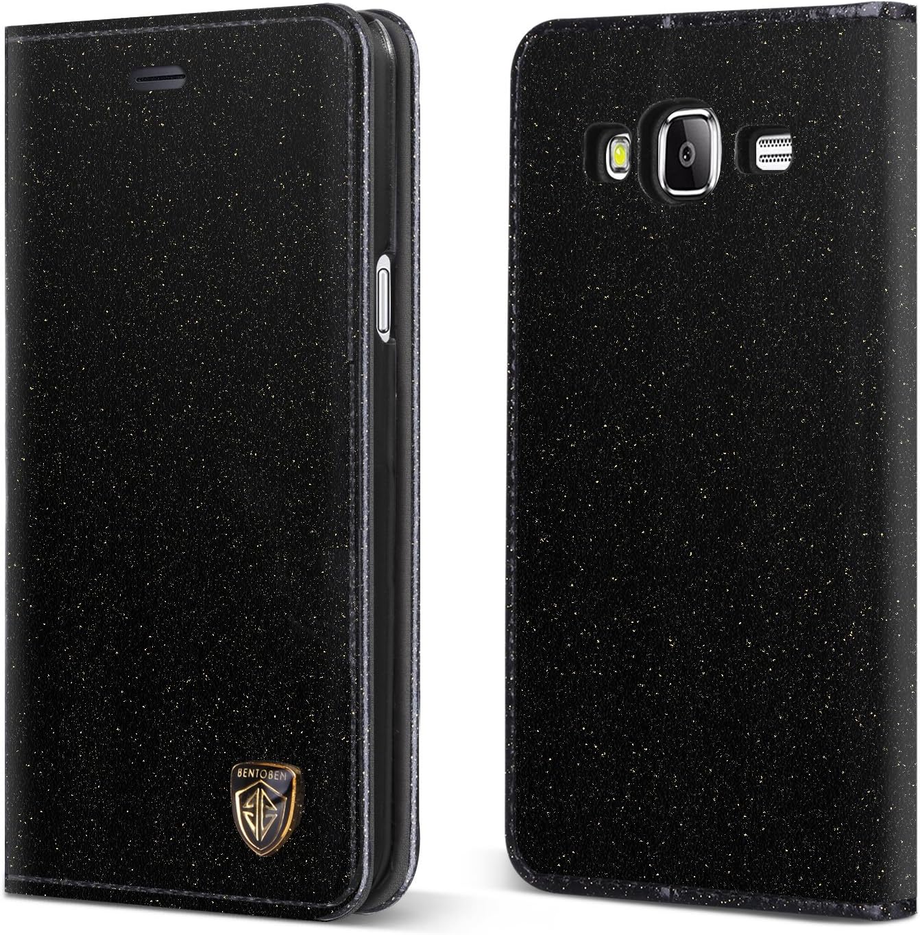 BENTOBEN Samsung Galaxy J3 V Case/J3 2016 Case/Galaxy Sky/Amp Prime/Sol Case, Glitter Bling Slim Flip Wallet Card Holder Kickstand Full Body Protective Phone Cover for Galaxy J3/J320 2016, Black