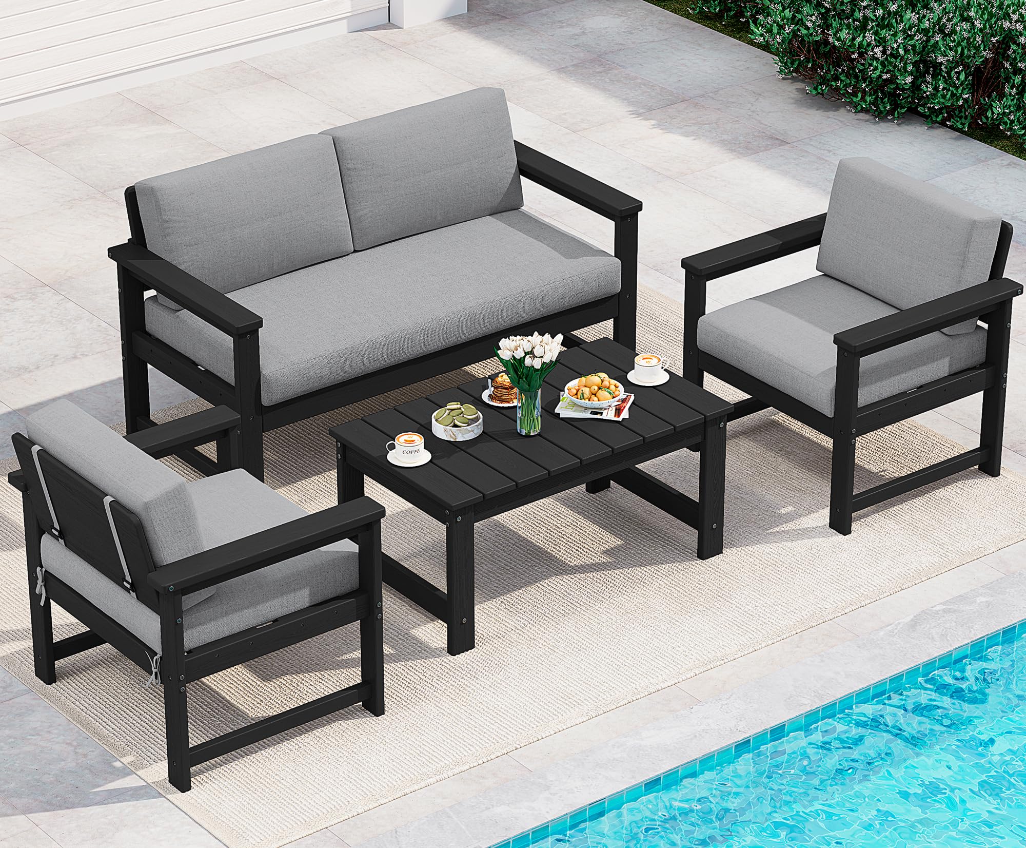 SERWALL 4 Pieces HDPE Outdoor Conversation Sofa Set with Cushions