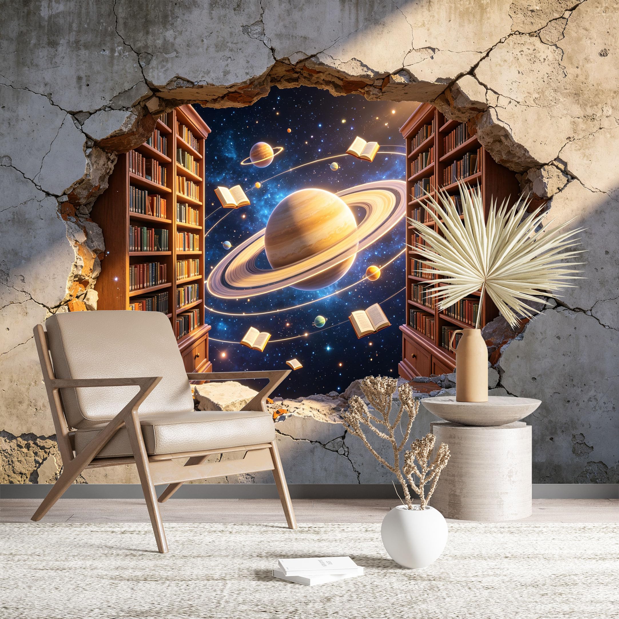 Custom Size Wall Murals Cosmic Library Seen Through Cracked Wall Large Photo Wallpaper Self-Adhesive Wall Fabric (NO PVC) Removable Wallpaper for Living Room Bedroom