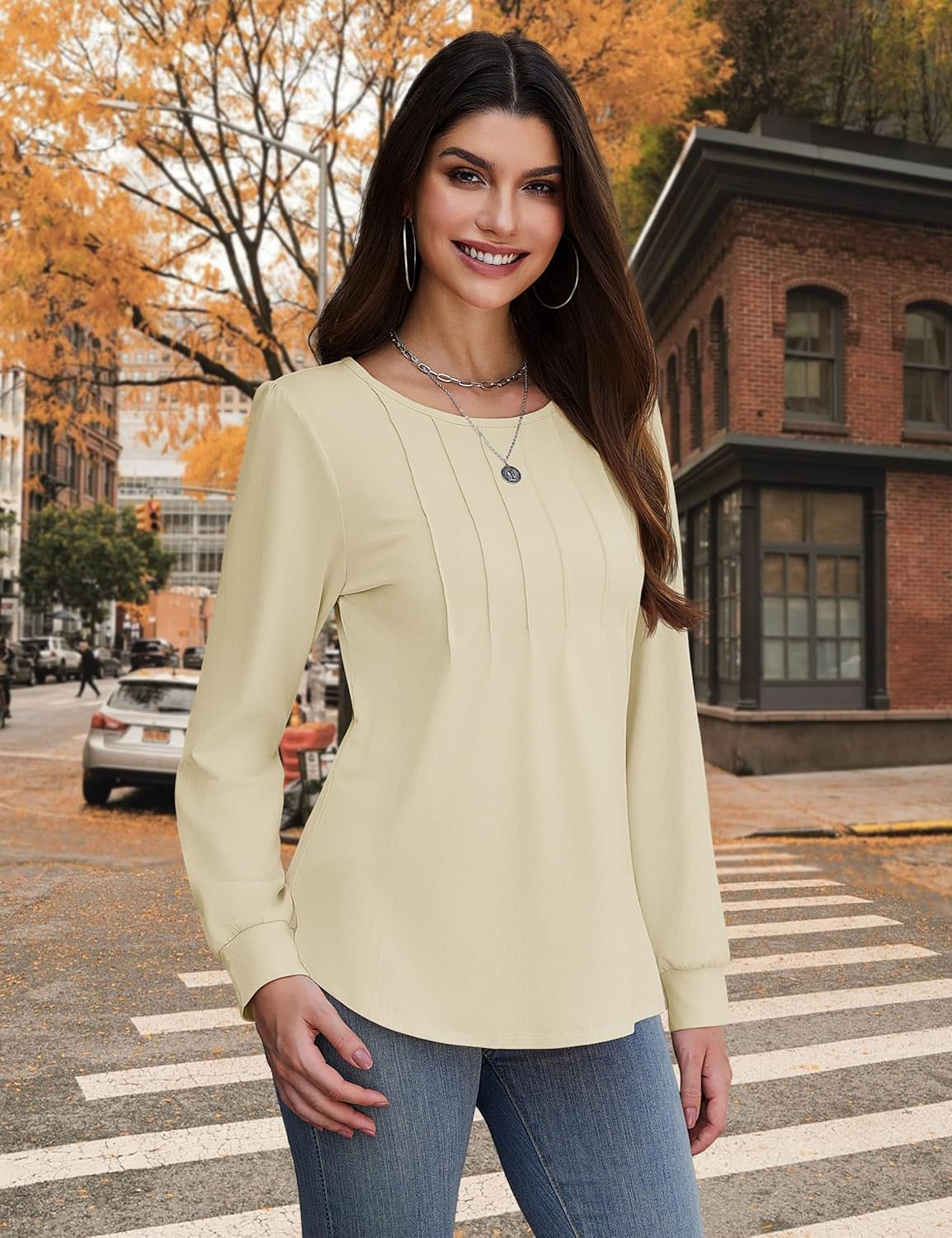 YUCOLEN Long Puff Sleeve Shirts for Women Pleated Crew Neck Tunic Tops Blouses Dressy Casual Fall Tops - Image 3