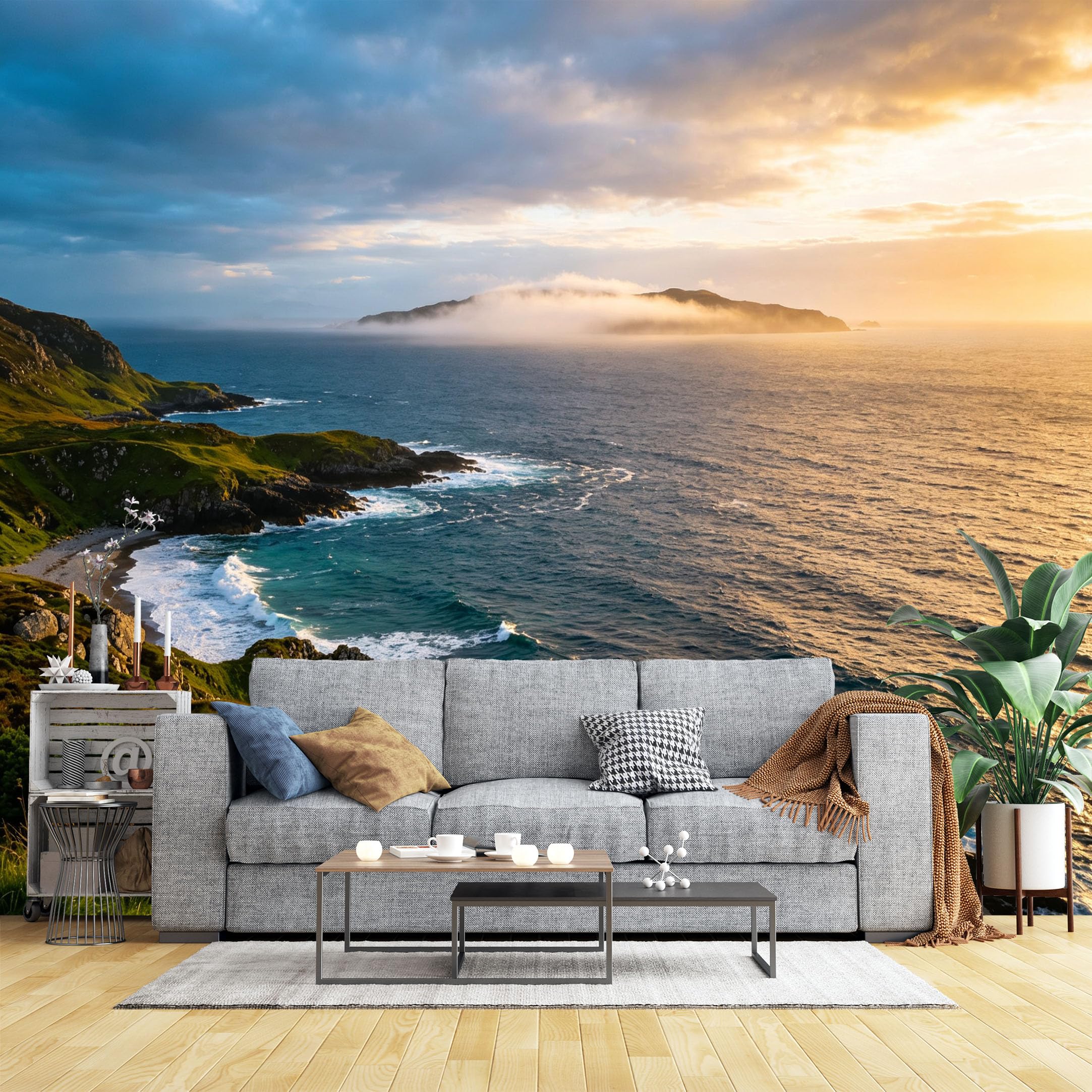 Lcythiazole Ch260604142 Custom Size Wall Murals Green Cliff Coastal Sunset Ocean Wall Murals Seaside Scenery Wallpaper Wall Stickers Self-Adhesive Removable Wallpaper For Living Room