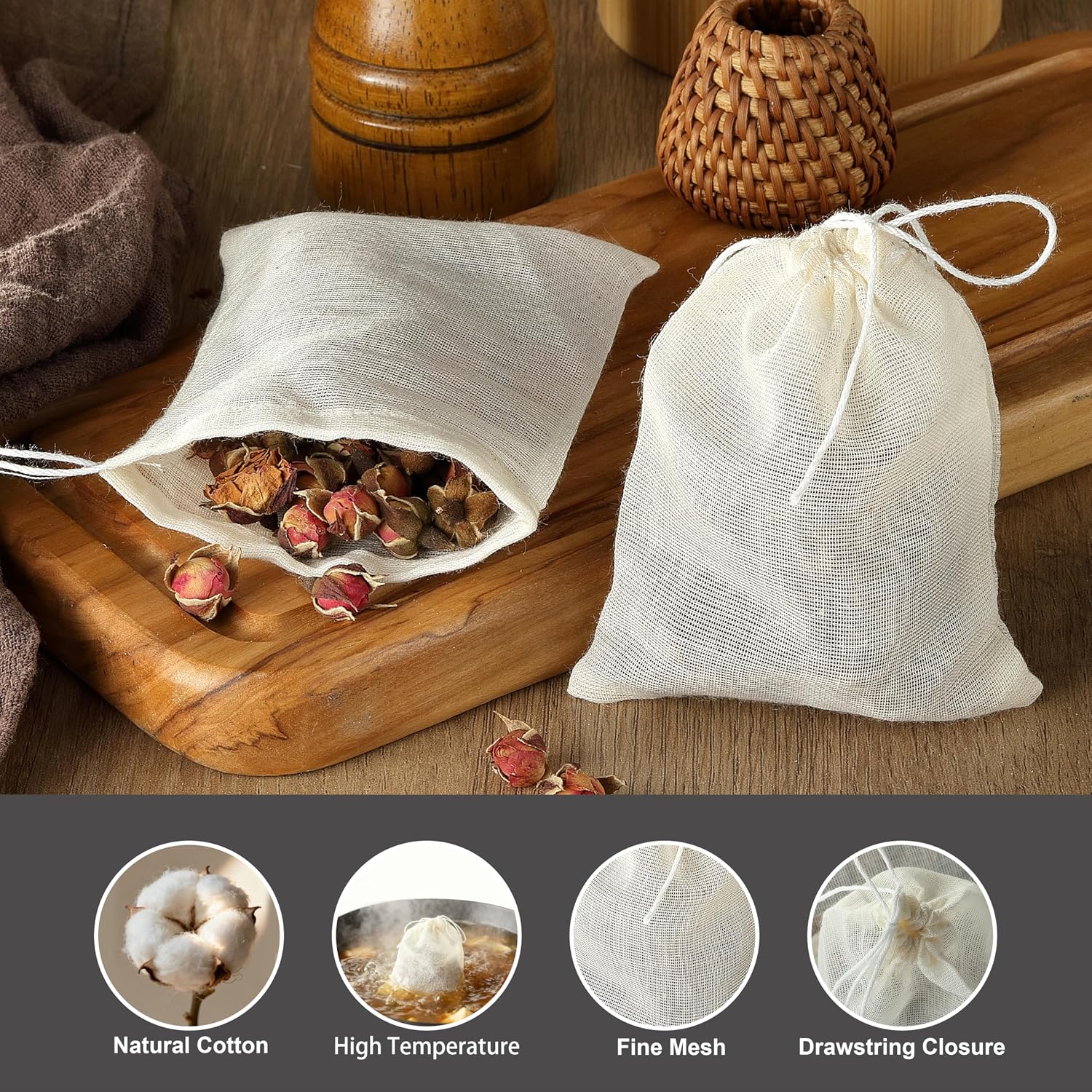 20 PCS Reusable Tea Bags, DAJLFA Empty Muslin Sachet Bags with Drawstring, Spice Bags for Cooking, Loose Tea, Herb, Natural Cotton (4 X 3 Inches)