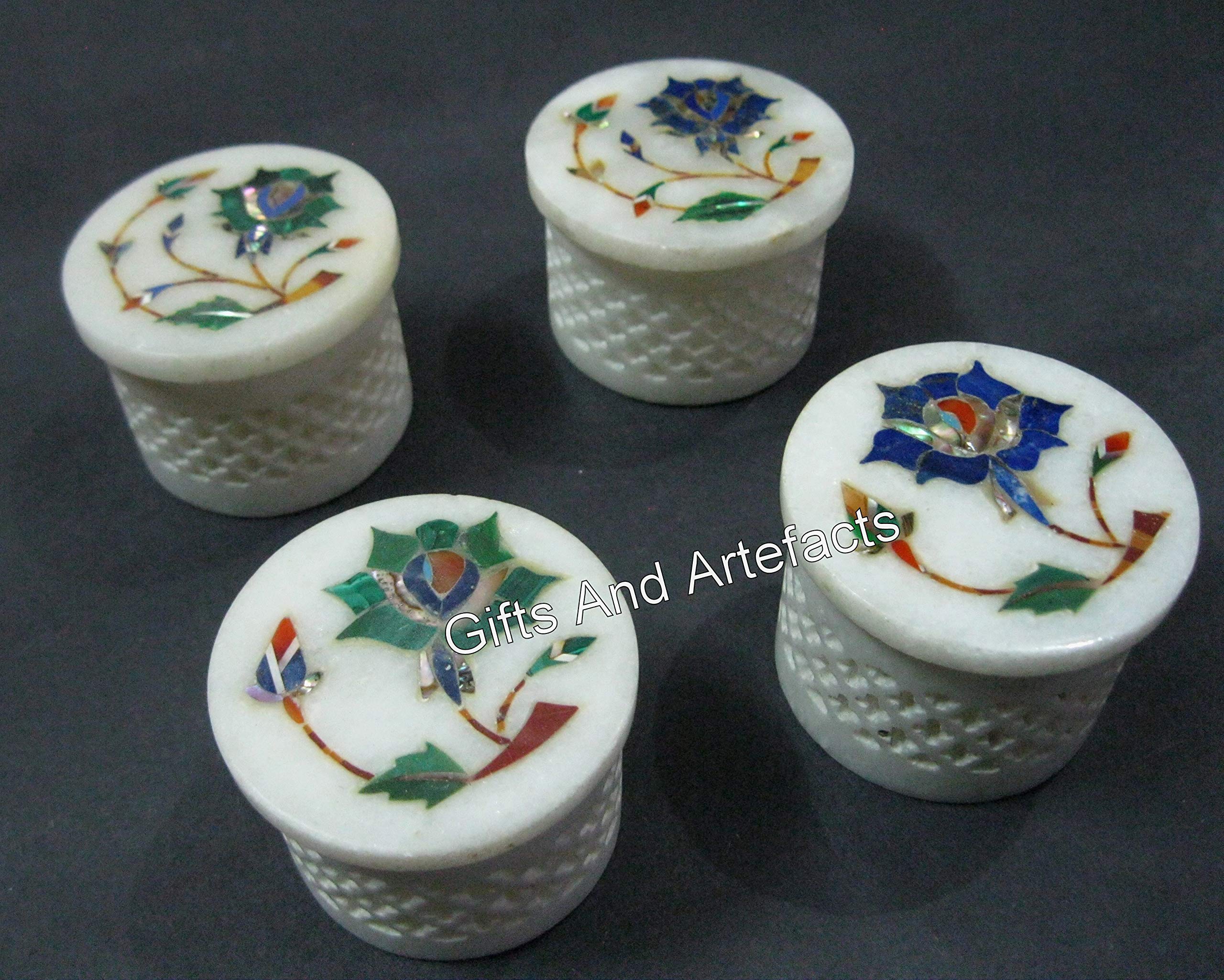 Schmuckkästchen mit Blumenmuster, 6,3 cm, runde Form, weißer Marmor, Nachttisch-Dekor-Box, Set mit 4 Stück