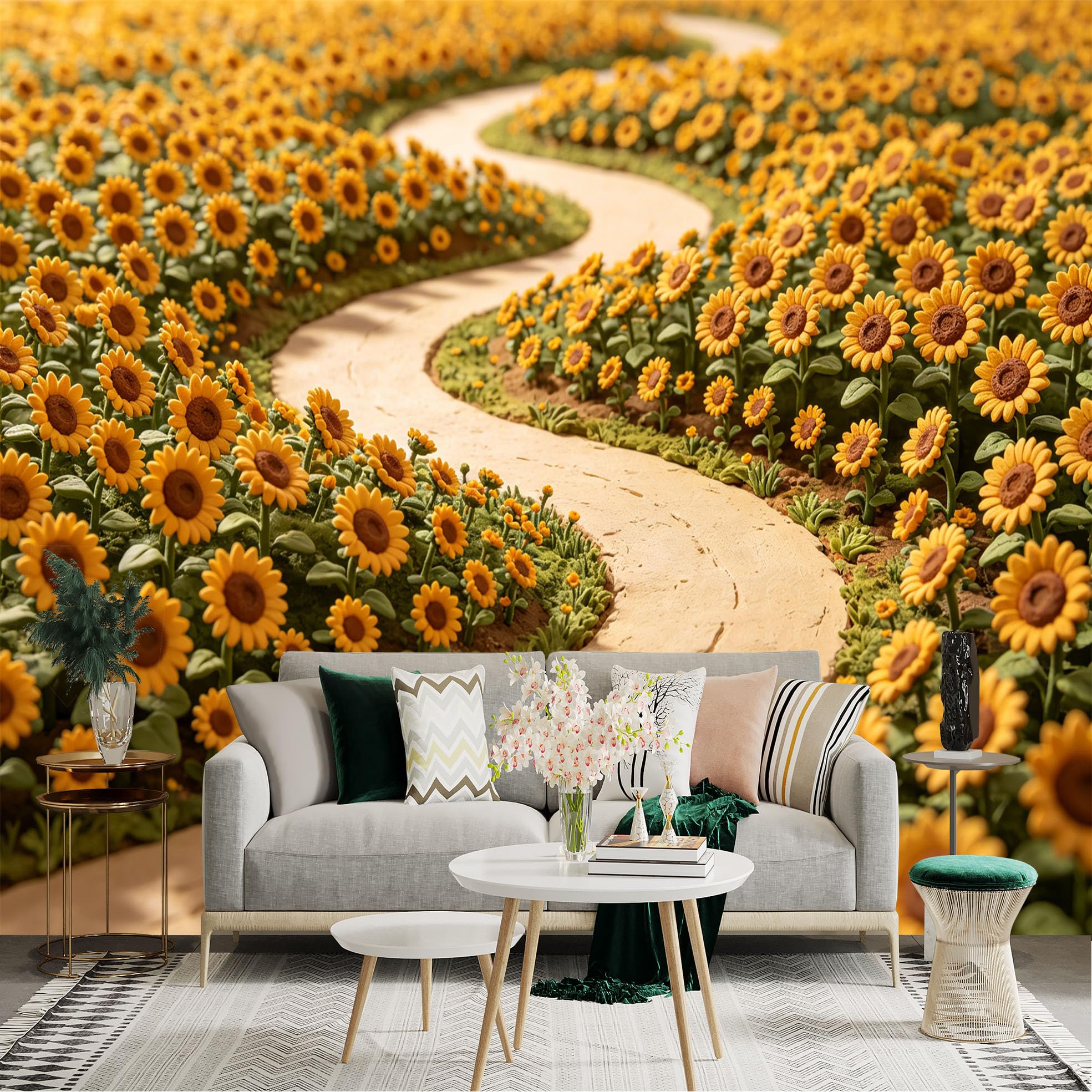 Lnzczhyre Dbh260521852 Custom Size Wall Sticker Mural， Winding Path Through Blooming Sunflower Field， Golden Floral Landscape， Nature Inspired Garden Scenery， For Wall Decoration， Peelandstick Wall Decals.