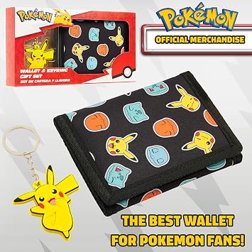 Pokemon Wallet and Keychain Set for Kids Trifold Wallet with ID Pocket Card Slots Zipper Coin Purse Pikachu Anime Gifts for Boys (Black/Yellow)