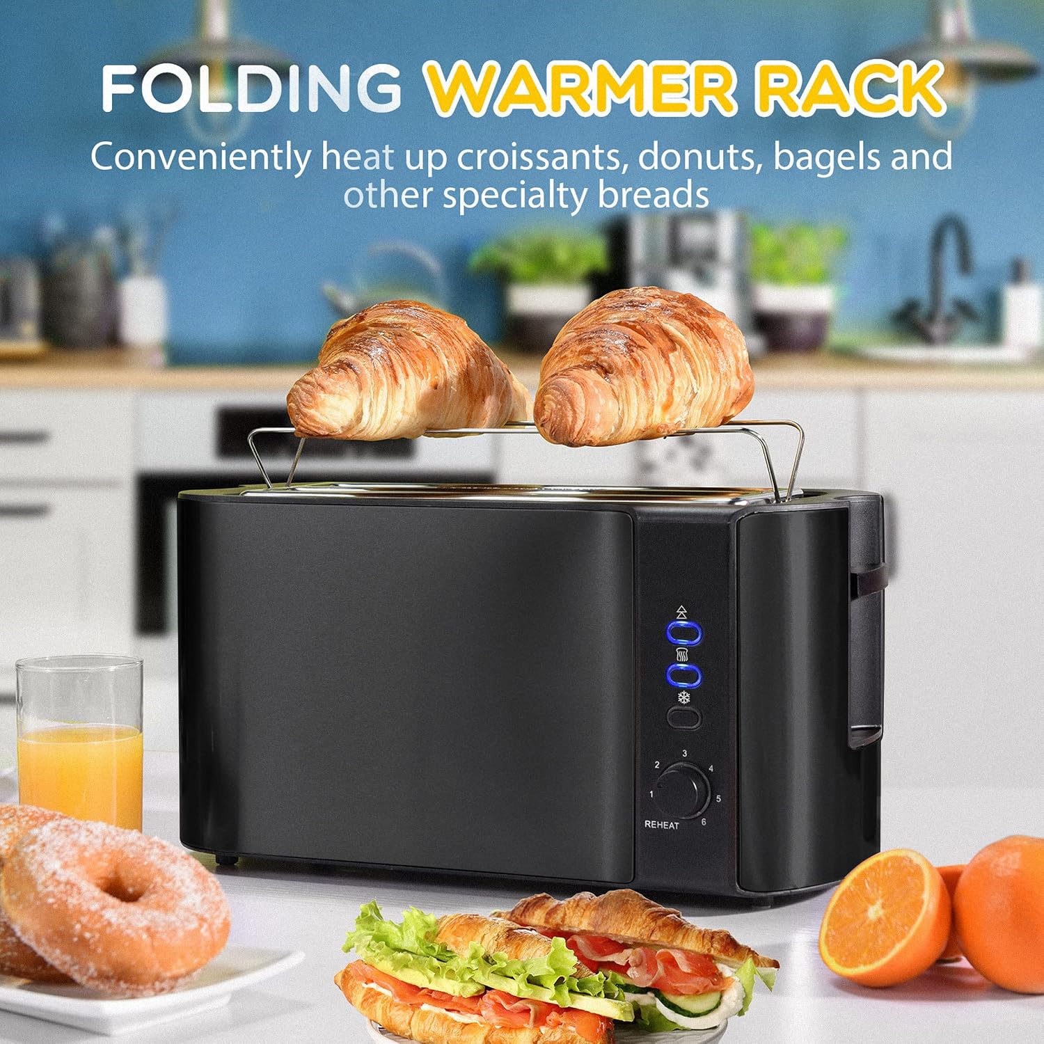 Toaster 4 Slice, 10‘’ Long Slot Toaster 2 Slice, Extra-Wide Stainless Steel Toasters, 4 Slice Toaster, Warming Rack & 6 Shade Settings, Defrost/Reheat/Cancel, Toaster for Bread(Obsidian Black)