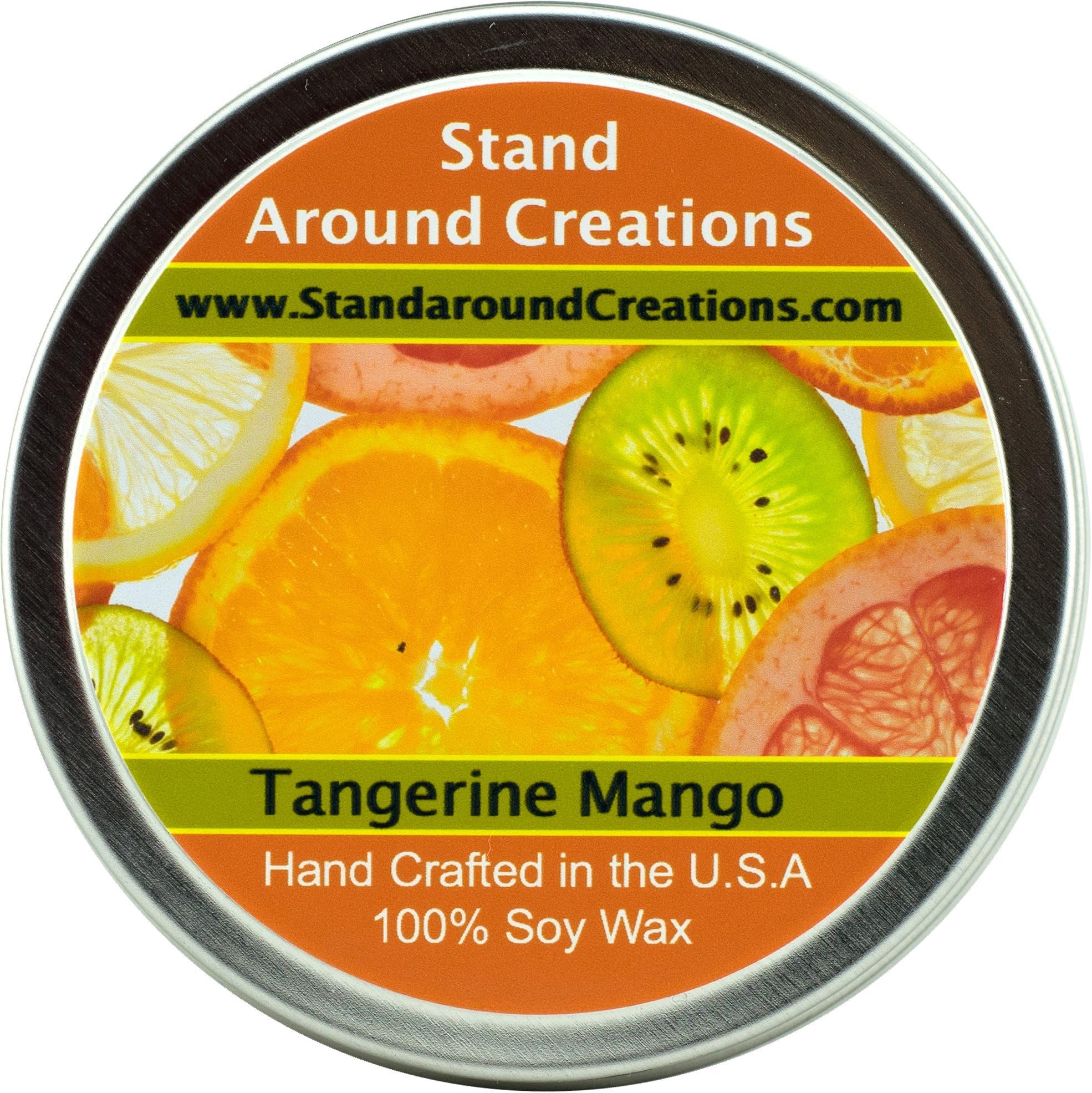 Premium 100% All Natural Soy Wax Aromatherapy Candle - 8 oz Tin Tangerine Mango: An exotic fusion of fresh mango and ripe tangerine. Subtle tropical notes of papaya, peach and creamy coconut. This fragrance is infused with natural orange and coriander essential oils.