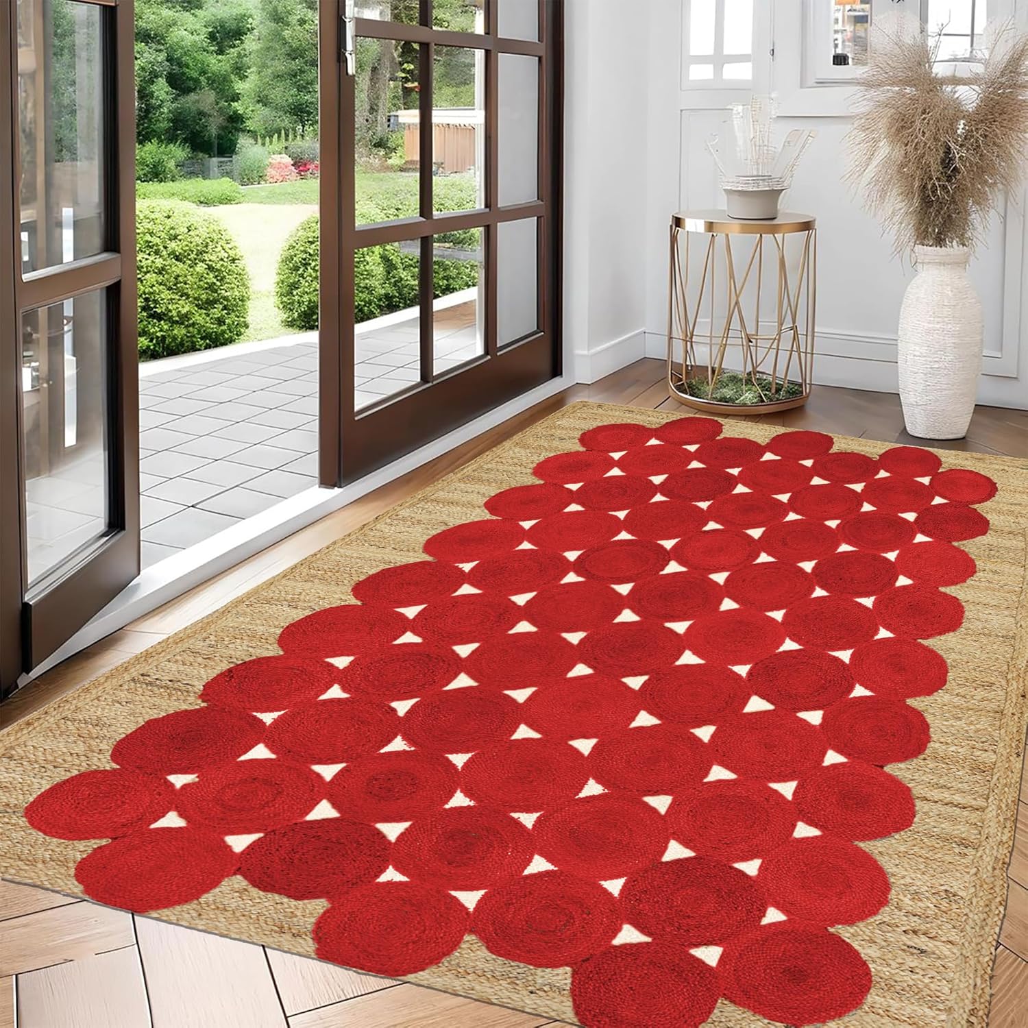 Rectangular Area Rug - 10x18 Hand Briaded Boho Rug Thick 0.27" Red Circular Pattern Geometric Rugs for Kids Room, Bedroom, Home/Office Decor, Indoor Outdoor Carpet