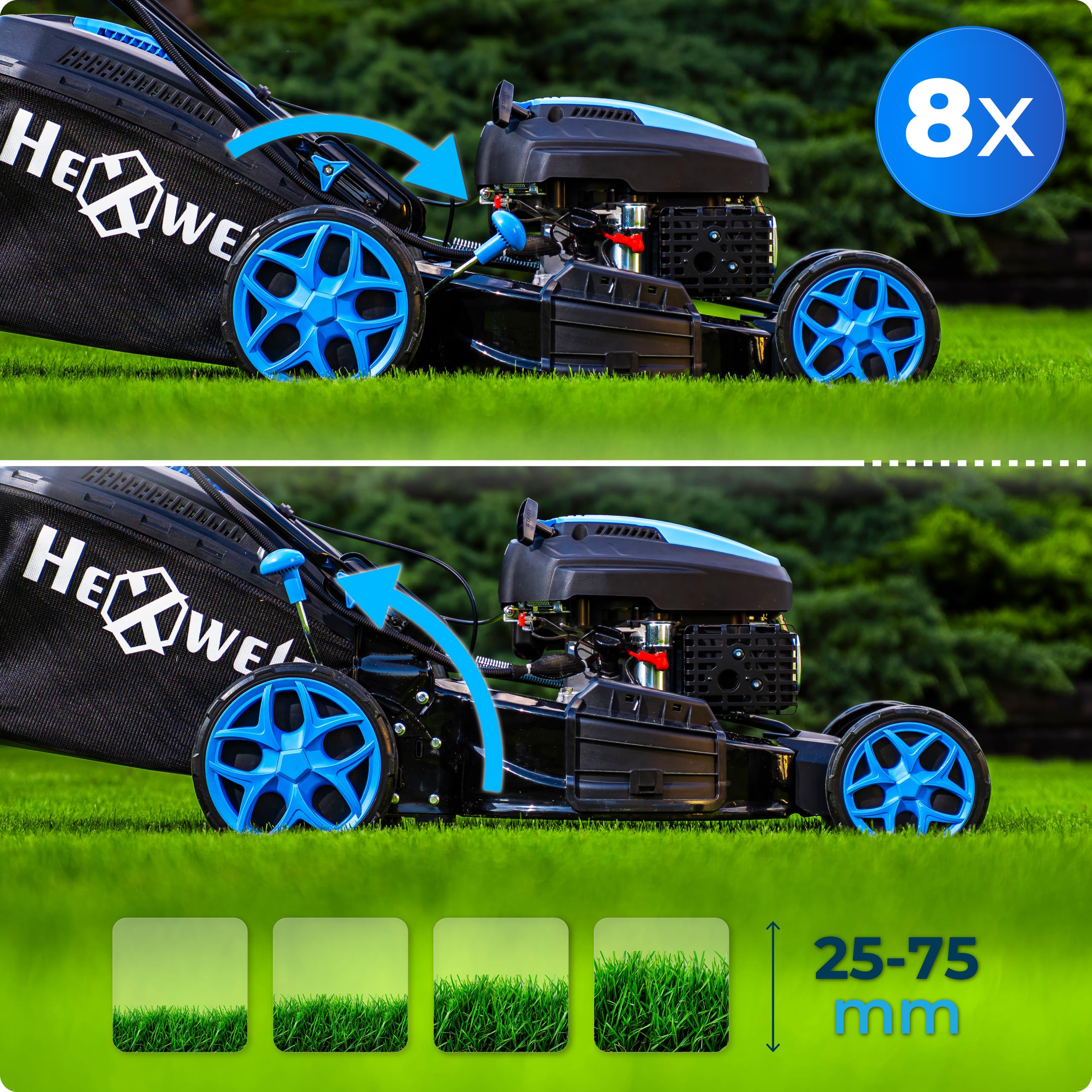 Hexwelt HW-KS-224 - Cortacésped de gasolina con autotracción, arranque eléctrico, motor Ducar OHV de 224 cm³, ancho de corte de 53 cm, bandeja de recogida de 60 L, función mulching, eyección latada