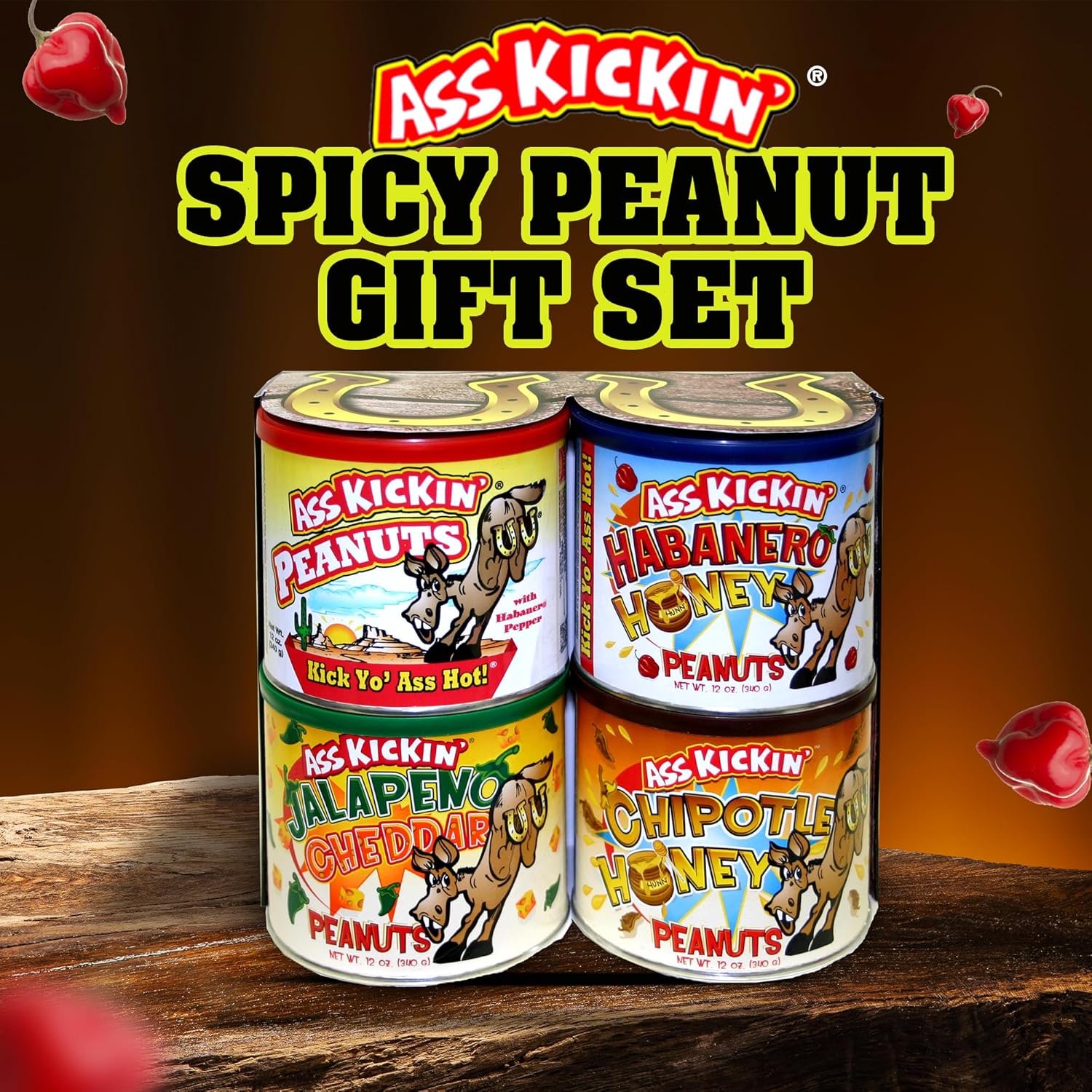 ASS KICKIN' Crunchy Spicy Hot Peanuts: Pepper Peanuts, Jalapeno Peanuts, Habanero Honey Peanuts, and Jalapeno Peanuts, Gift Set.