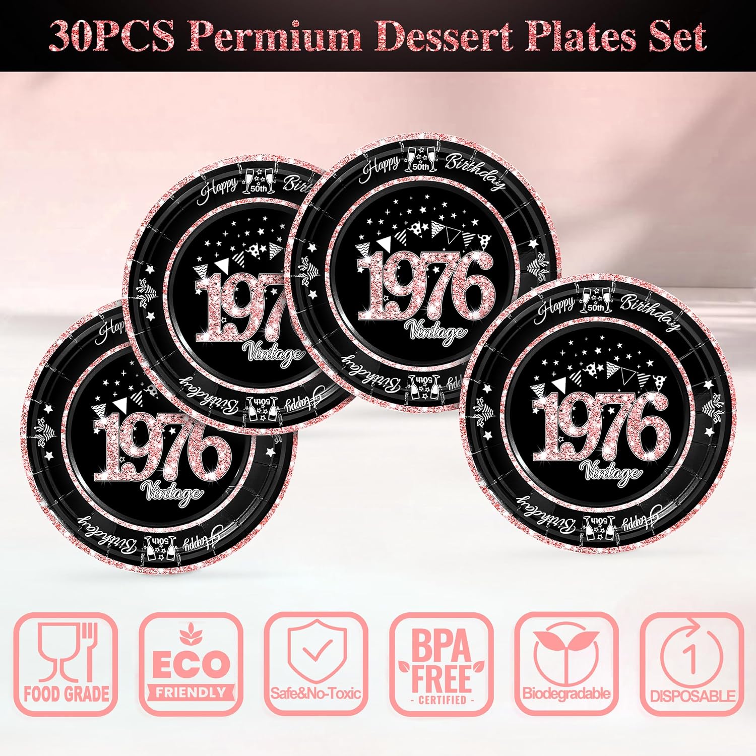 60 PCS Vintage 50th Birthday Plates and Napkins Set, 50th Birthday Decorations Rose Gold, Service for 30, 1976 Birthday Dessert Plates and Napkins Party Supplies for Women - Image 3