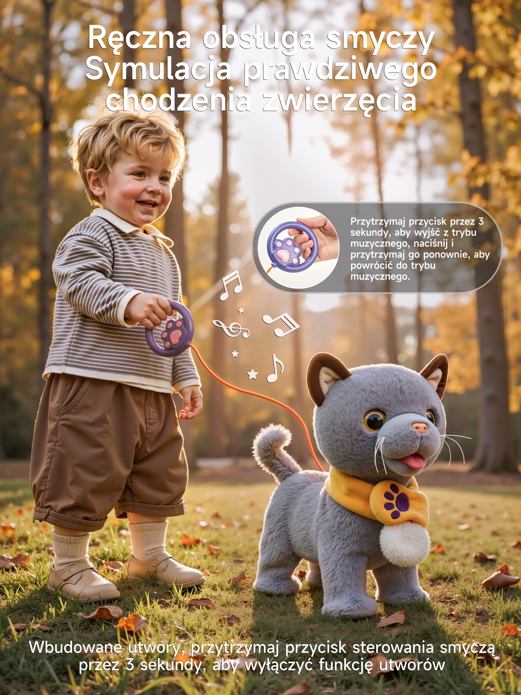 TUMAMA KIDS Interaktywna zabawka kot dla dzieci z 6 melodiami, pluszowy kotek z pilotem zdalnego sterowania i smyczą, który chodzi i szczeka, pluszak elektroniczny kotek od 2 lat – chodzenie