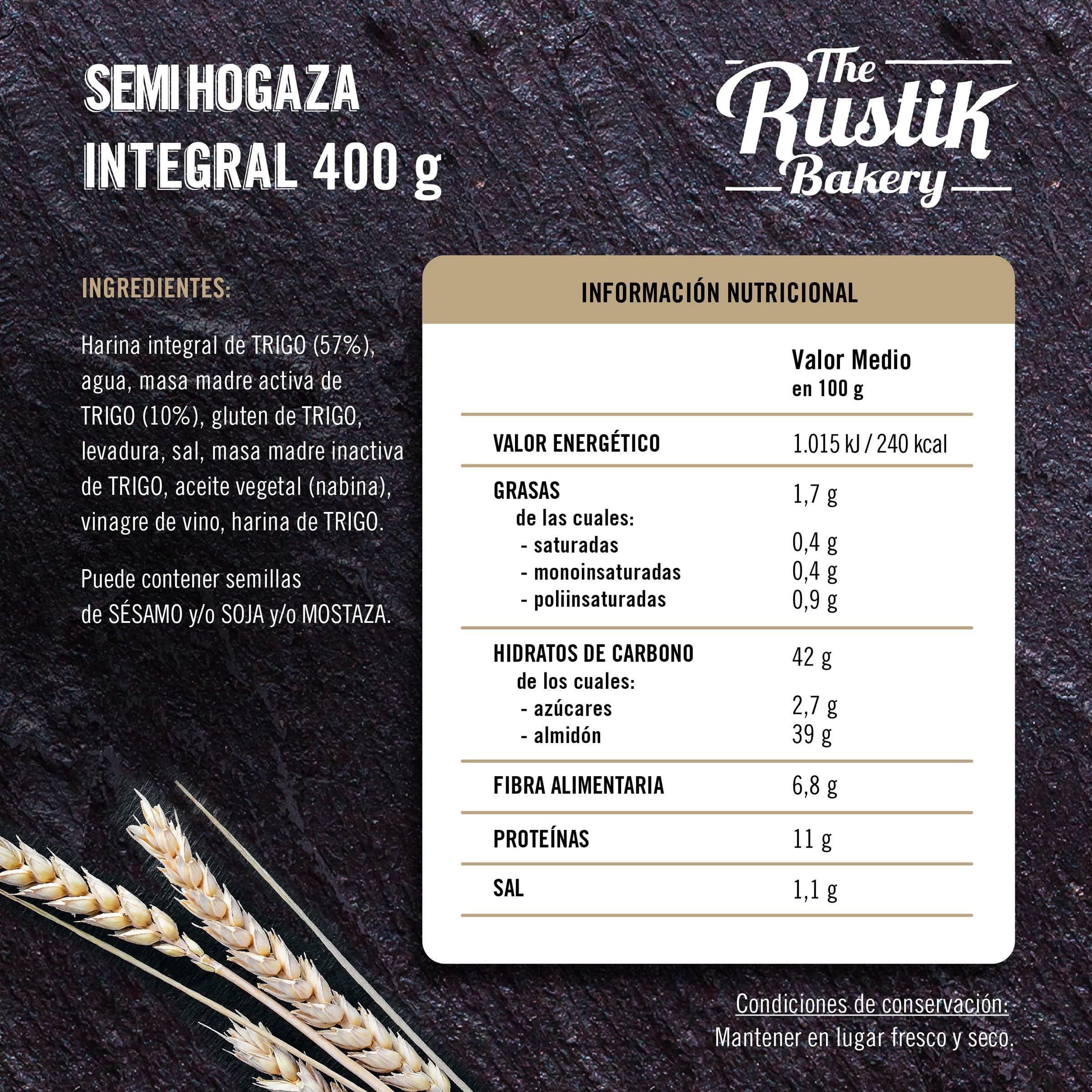The Rustik Bakery - Semi hogaza integral, 400 g