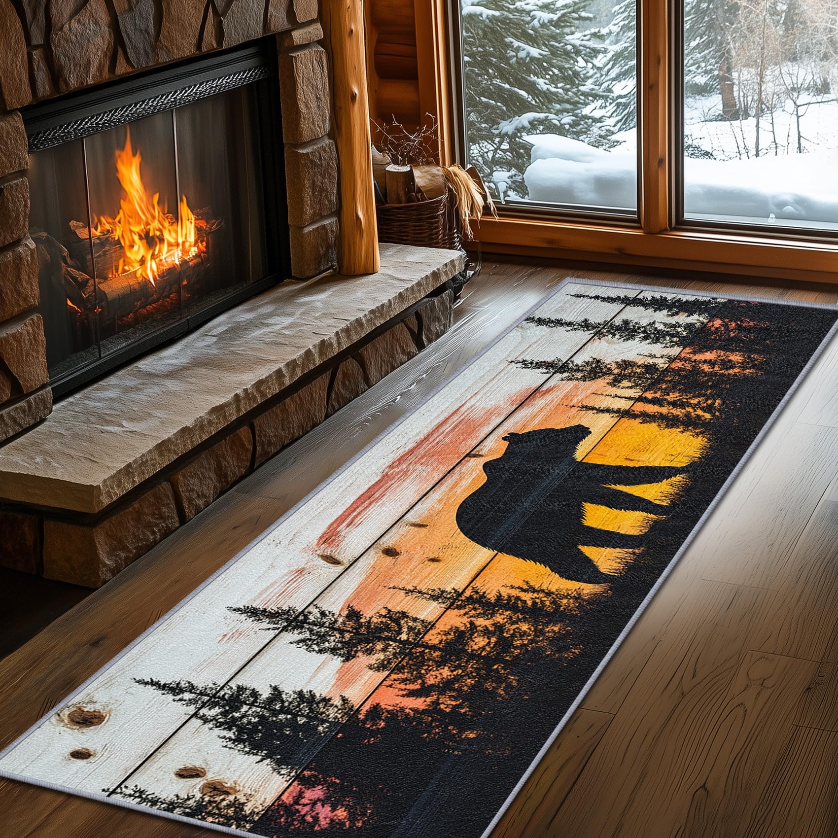 Yoozitrees Bear Runner Rug 2 X 6, Bear Runner Rug, 2x7ft, Rustic Forest Landscape Wildlife Hallway Runner, Cabin Lodge Farmhouse Low Pile Washable