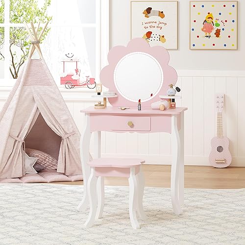 Miniatura 2 de Spirich Vanidad para niños, juego de tocador para niñas con espejo, taburete y luces, juego de mesa y silla para niños, tocador de madera de