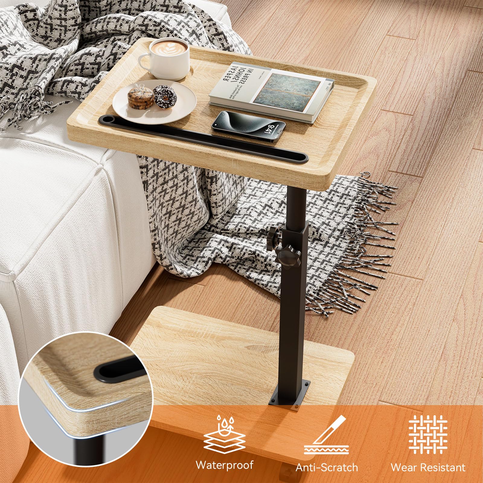IBUYKE Mesa Auxiliar en Forma de C,con Ruedas,Natural TVT007R | Giratoria 360°,Altura Ajustable,Mesa de sofá para Espacios Estrechos,con Ranura para Tableta,para salón,Dormitorio