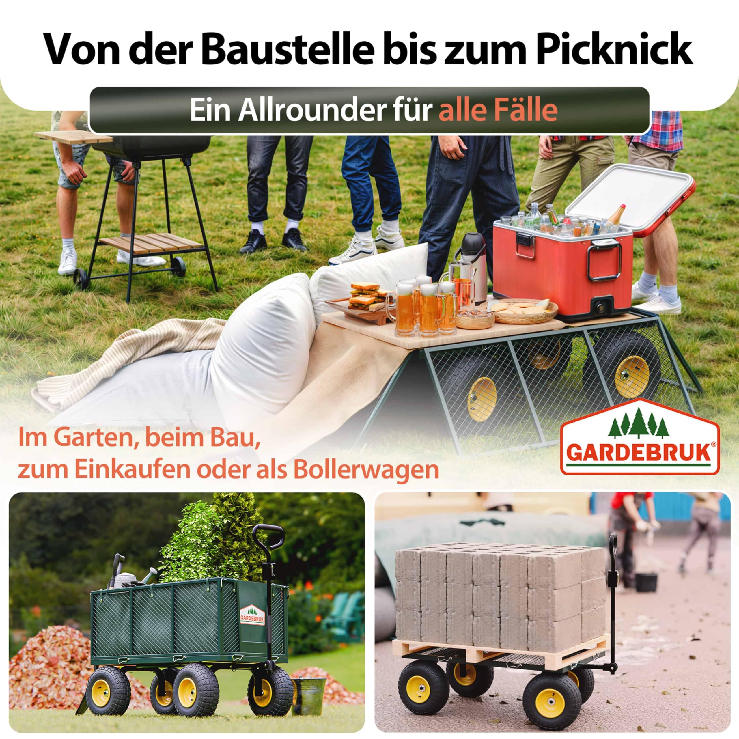 GARDEBRUK® Bollerwagen 550kg Belastbar Klappbar Stabil Herausnehmbare Plane Gerätewagen Handwagen Garten Gartenkarre Gartenwagen Transportwagen Karre