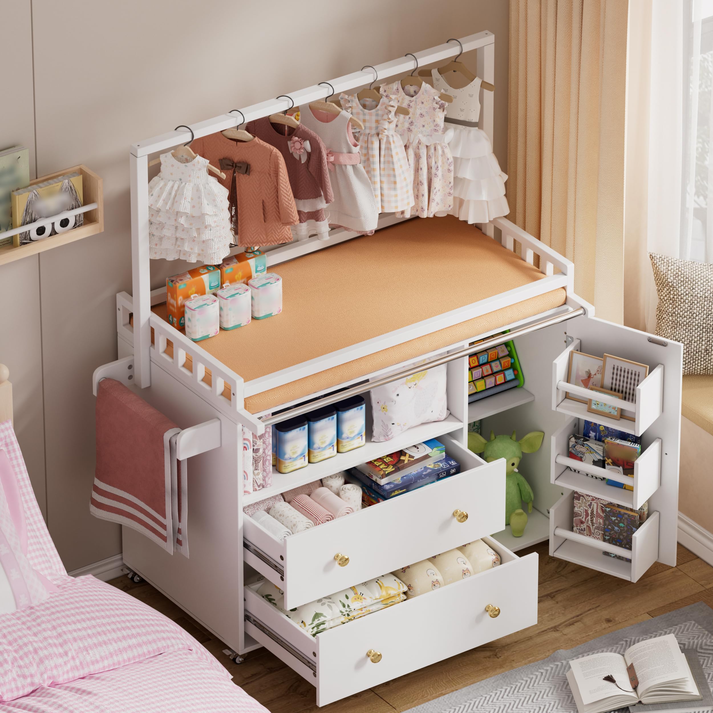 MSFE Mueble Cambiador para Bebé Con Ruedas, Tablero Ancho y Perchero, Cambiador Multifuncional Convertible en Cómoda, No incluye cojín de mesa, 136 x 100 x 48cm, Dos paquetes